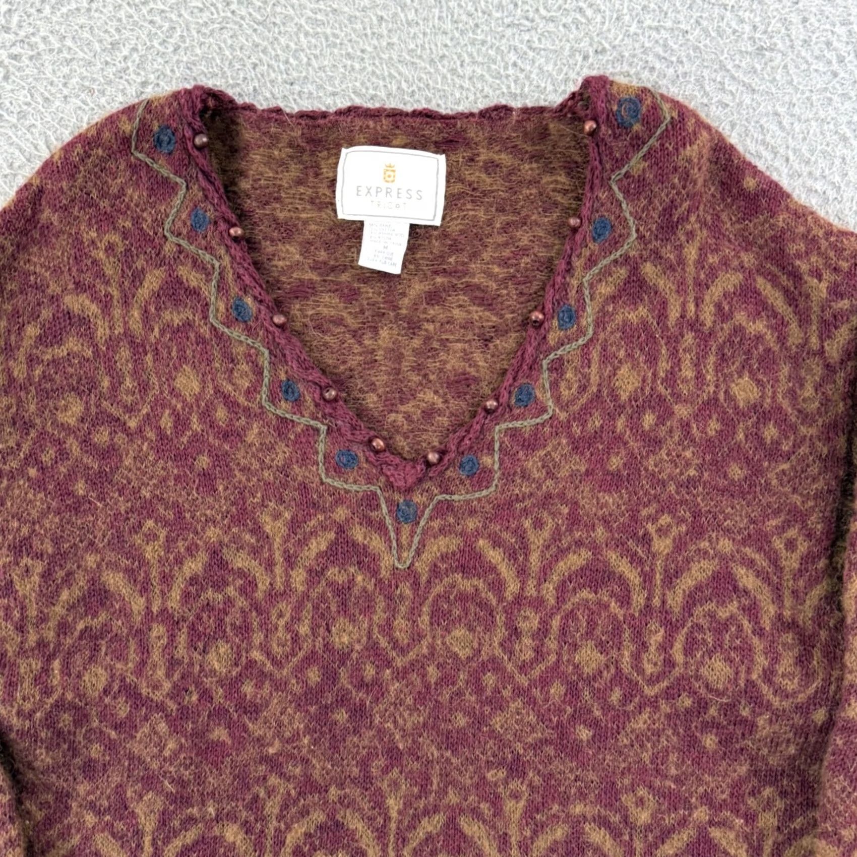 Express VINTAGE Express Sweater Women Medium Red Abstract Mohair Wool Tunic Boho 90s Tricot Womens Size M / US 6-8 / IT 42-44 - 3 Thumbnail