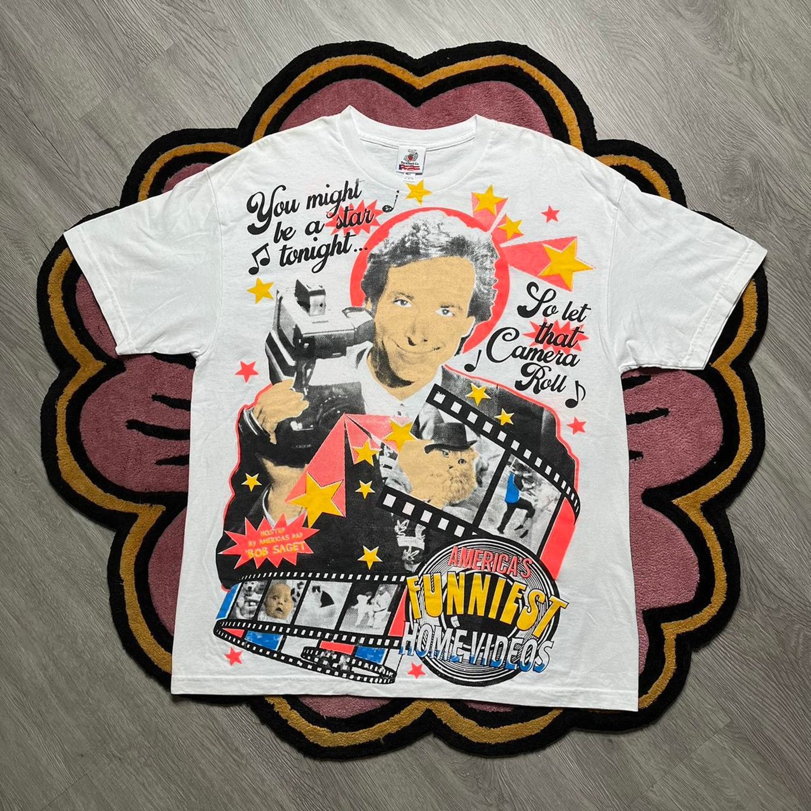 image of Movie x Rap Tees Backstock Co Bob Saget Double Sided Graphic Rap T-Shirt in White, Men's (Size XL)