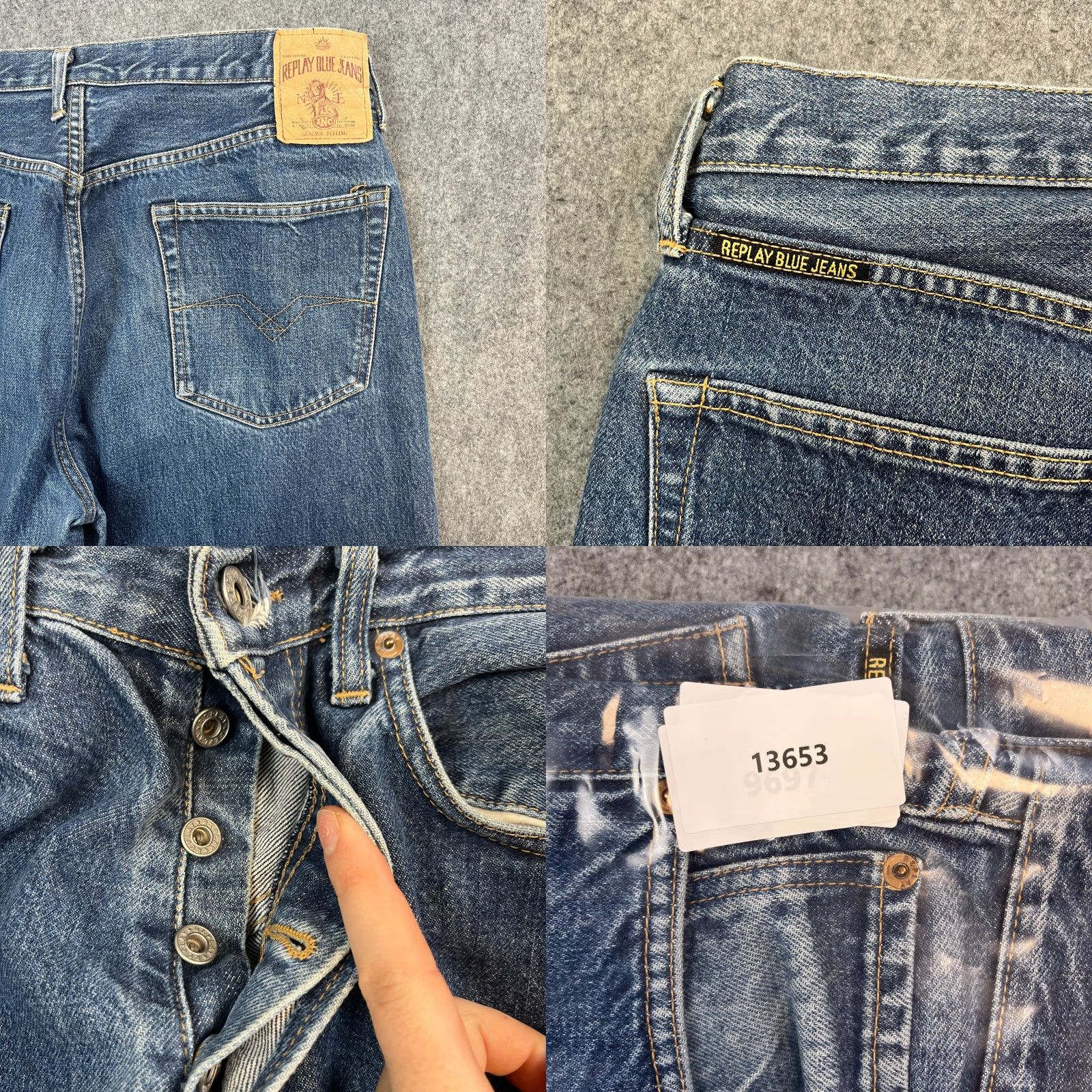 Replay Replay Jeans Relaxed Straight 32 Regular Mens Blue 100% Cotton Vintage Mid Wash Denim - 5-Pocket, Button Closure, Roomy Fit, Anbass, 34 Inside Leg Size US 32 / EU 48 - 8 Thumbnail