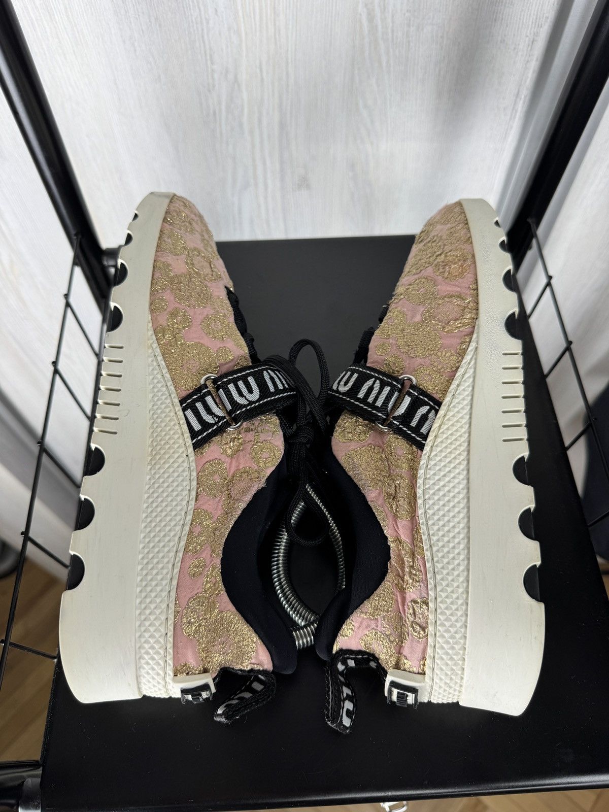 Miu Miu MIU MIU Prada Pink Gold Platform Sneakers With Logo Strap 40 Size US 10 / IT 40 - 11 Thumbnail