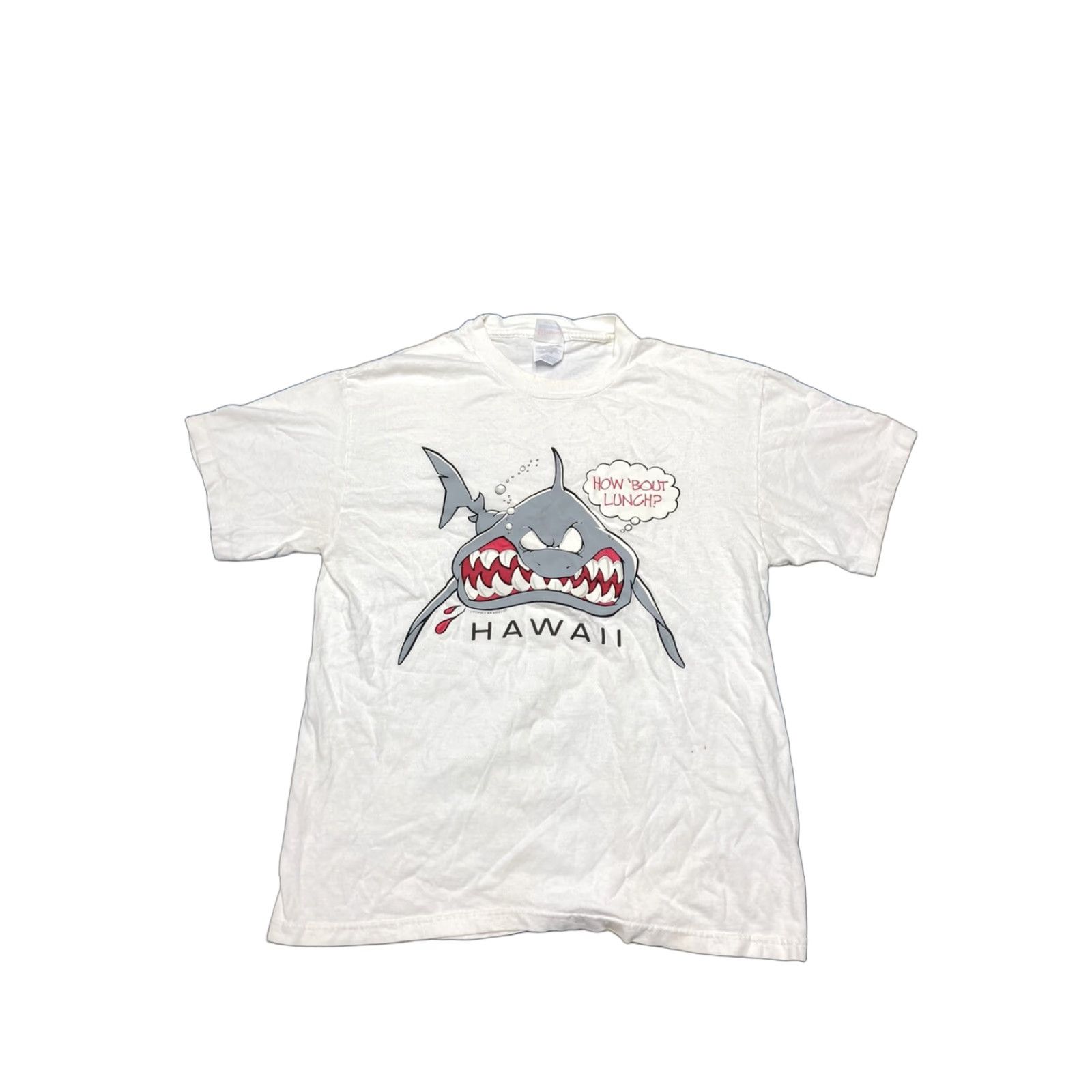 Hanes VINTAGE Hanes T-Shirt 90s Puff Print Shark Graphic Air Waves How Bout Lunch Men L White Shark Graphic 90s Mens T-Shirt Size US L / EU 52-54 / 3 - 1 Thumbnail