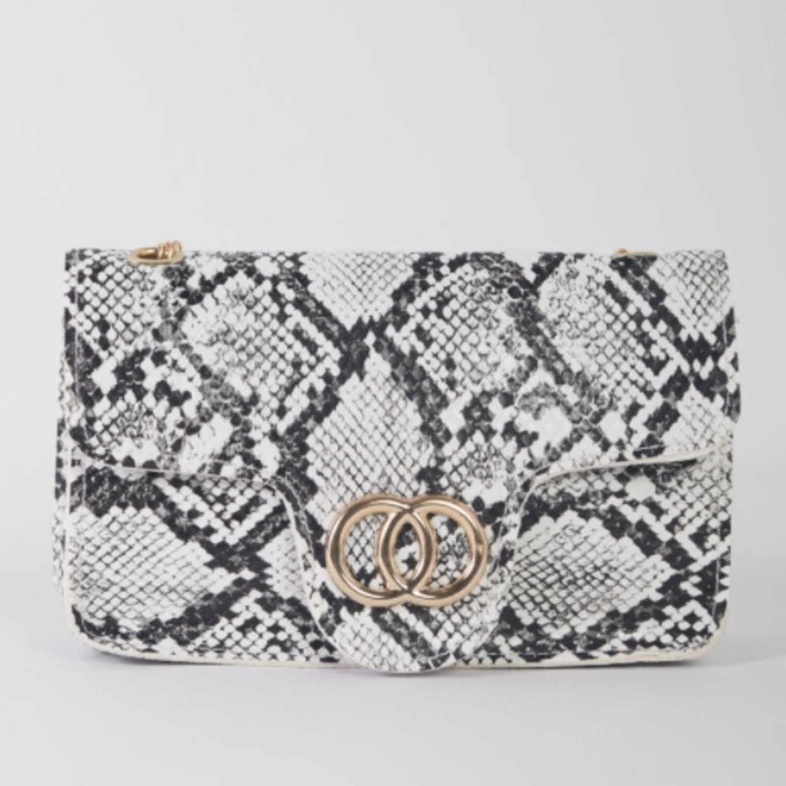 White Faux Snake Leather Metal Ring Gold Chain Crossbody Bag, Women's