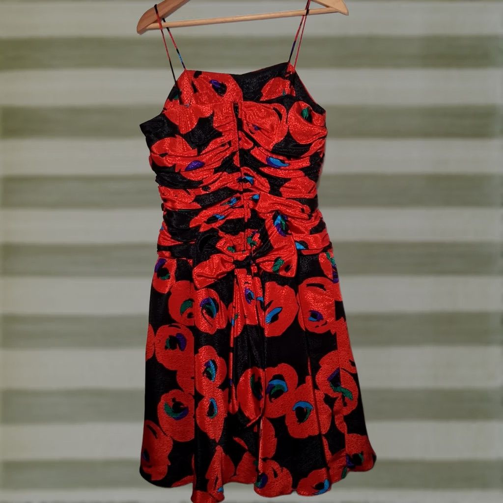Vintage VINTAGE Apostrophe 1980s Party Dress Red Black Floral Satin Sleeveless Satin Spaghetti Straps Party Dress 13/14 Adults Girls Womens Size XL / US 12-14 / IT 48-50 - 1 Thumbnail