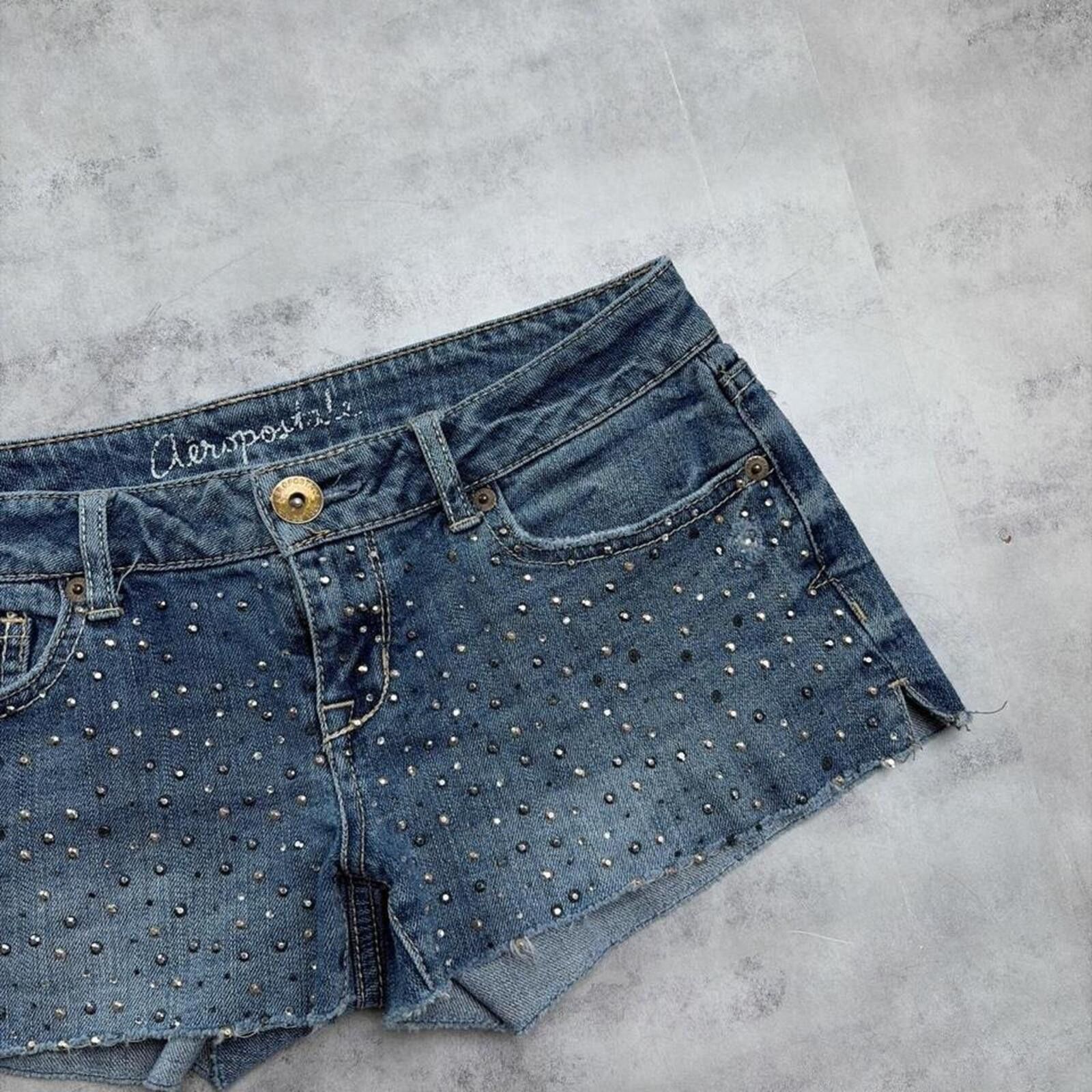 Aeropostale Y2K Blue Aeropostale Grunge Embellished Mini Denim Shorts Size 25" / US 0 / IT 36 - 2 Thumbnail