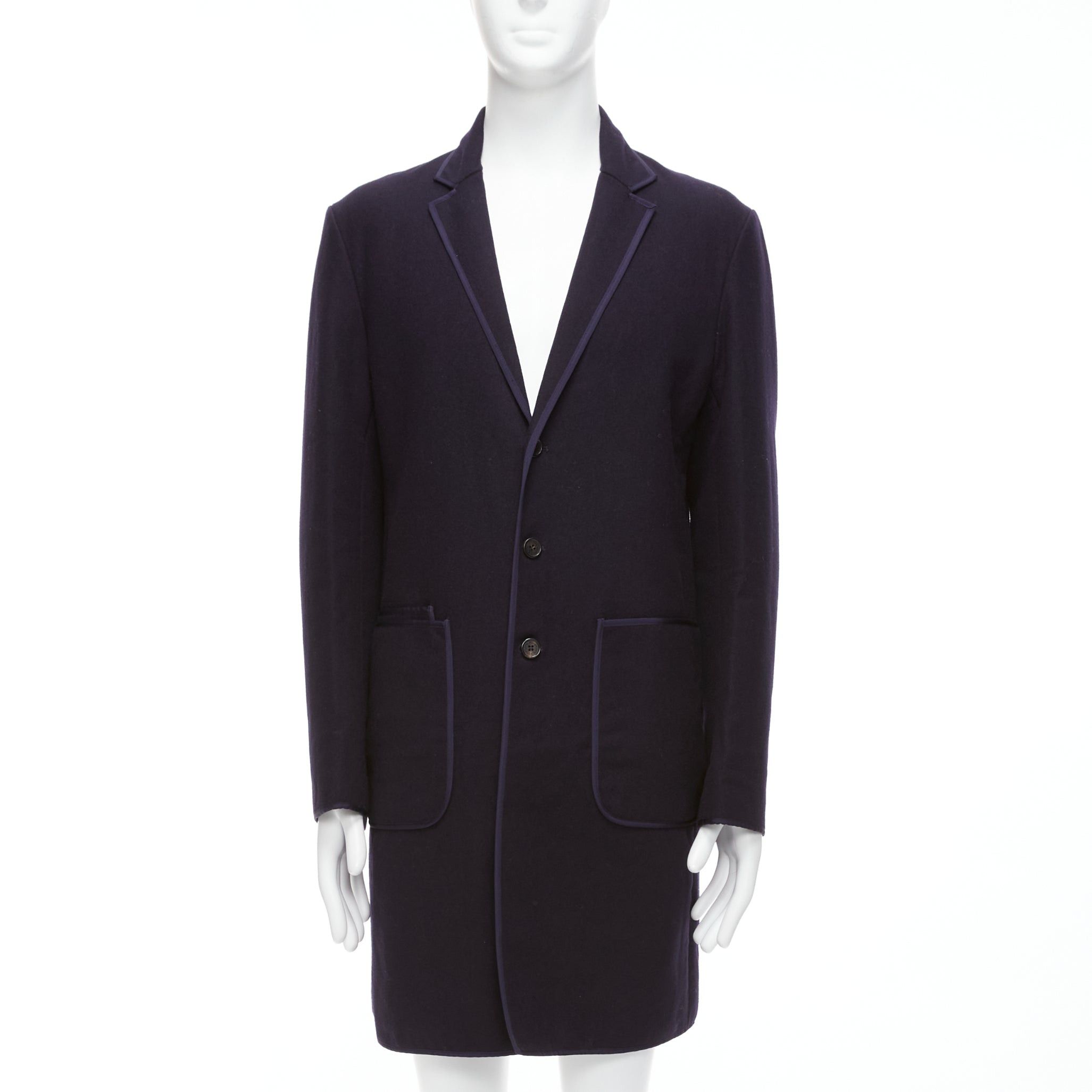 image of Neil Barrett Navy Wool Blend Ribbon Trimmed Pocket Detail Long Coat It48 M, Men's (Size Medium)