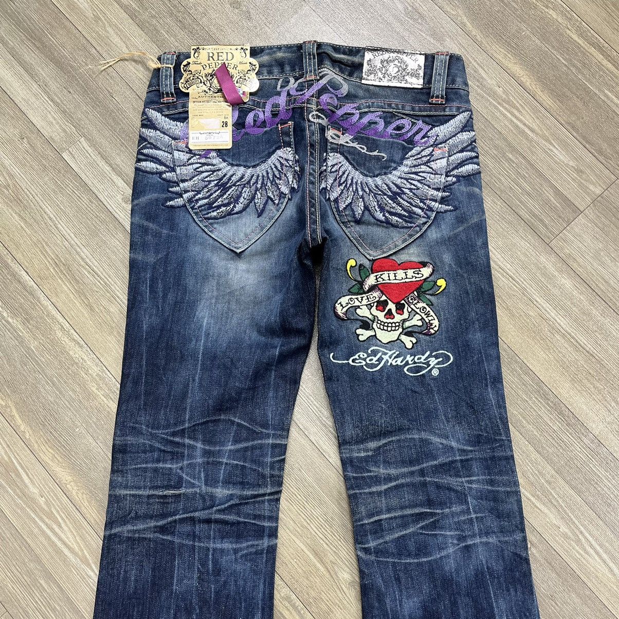 Ed Hardy Dead stock Y2K RedPepper x Ed Hardy Embroidery Flared Jeans Size 29" - 4 Thumbnail