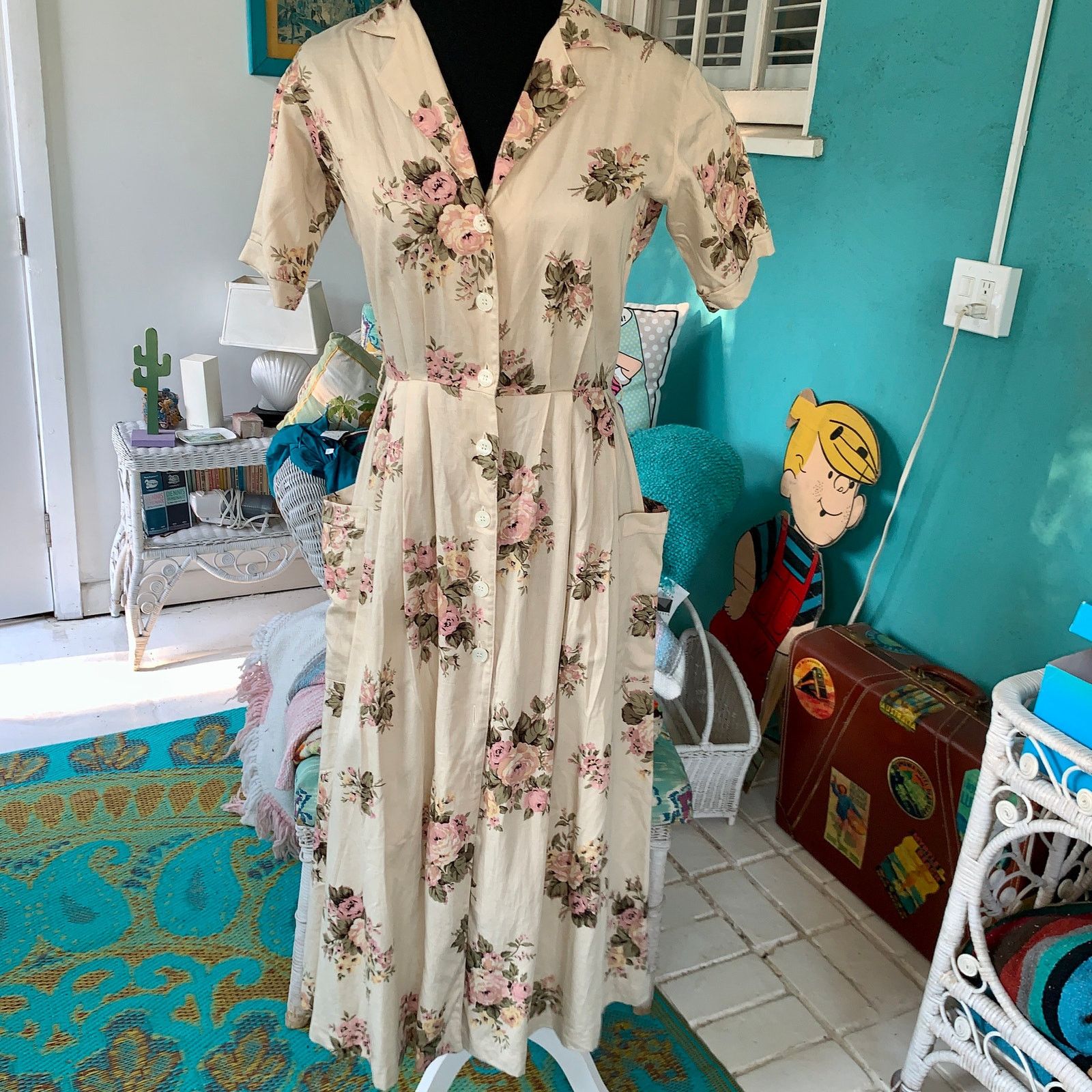 Other VINTAGE 80s BRITISH KHAKI ROBERT LIGHTON FLORAL TEA DRESS Size S / US 4 / IT 40 - 13 Thumbnail