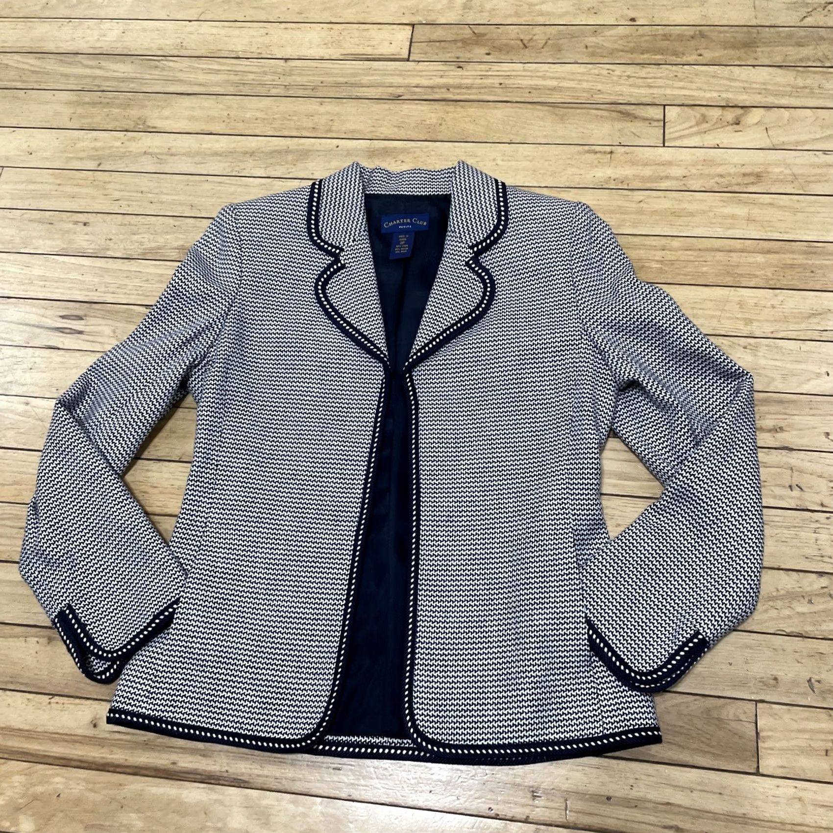 Charter Club VINTAGE CHARTER CLUB Linen Jacket Women 2P Black White HOUNDSTOOTH Beaded Knit Cardigan Old Money Jacket Womens Size XS / US 0-2 / IT 36-38 - 3 Thumbnail