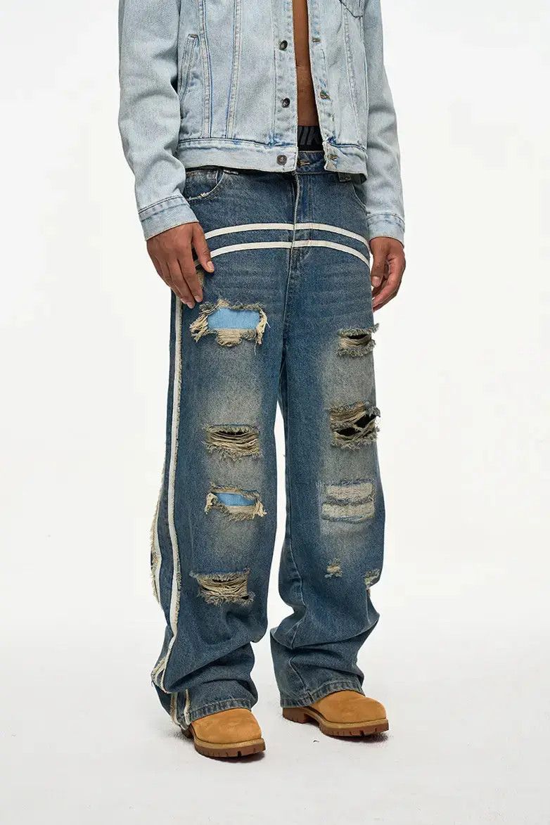 Japanese Brand × Jean Stripe Track Baggy Distressed Denim Jeans, Ripped Jeans Size US 34 / EU 50 - 1 Thumbnail