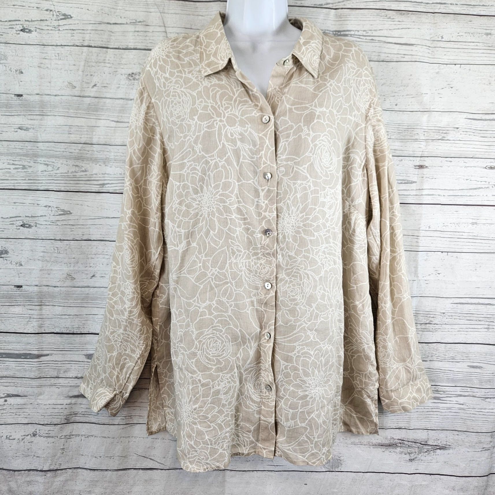 J. Jill J. Jill Love Linen Button-Up Top XL Tall Womens Long Sleeve Floral Tan White Shirt Woman Medical? Size XL / US 12-14 / IT 48-50 - 2 Thumbnail