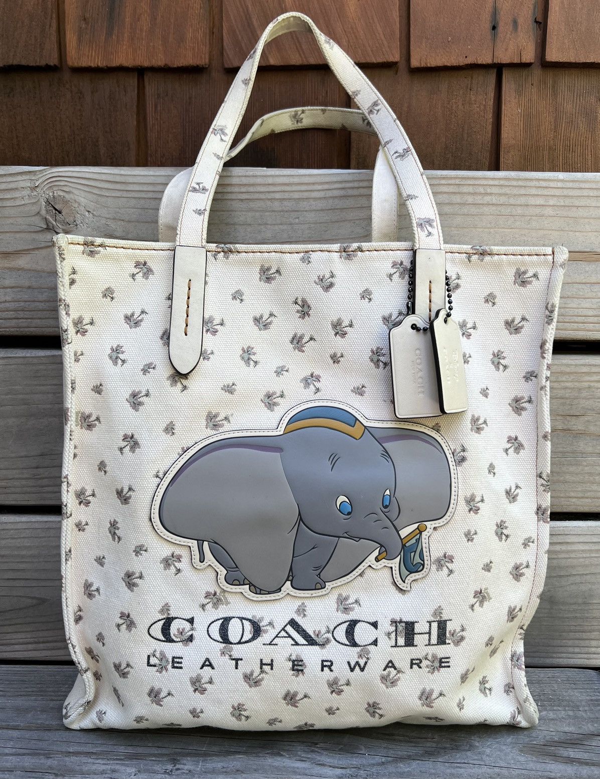 image of Coach Disney Dumbo Canvas Leather Shopper Tote in Beige, Women's