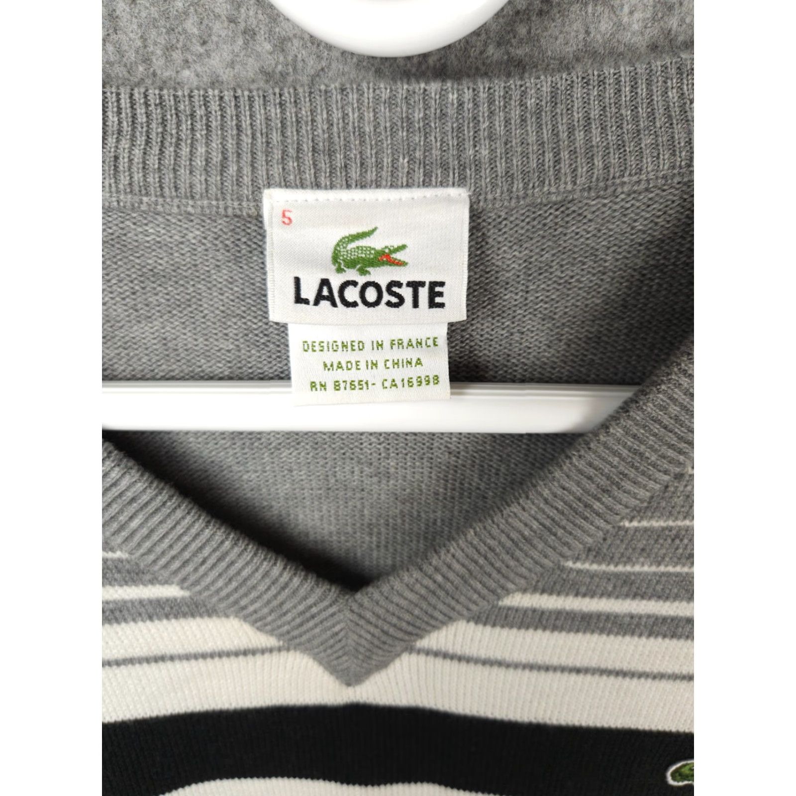 Lacoste Lacoste Sweater Men 5 Gray Striped V-Neck Wool Cotton Blend Pullover Knit Long Sleeve Regular Knit Logo Winter Spring Fall Size US S / EU 44-46 / 1 - 4 Thumbnail