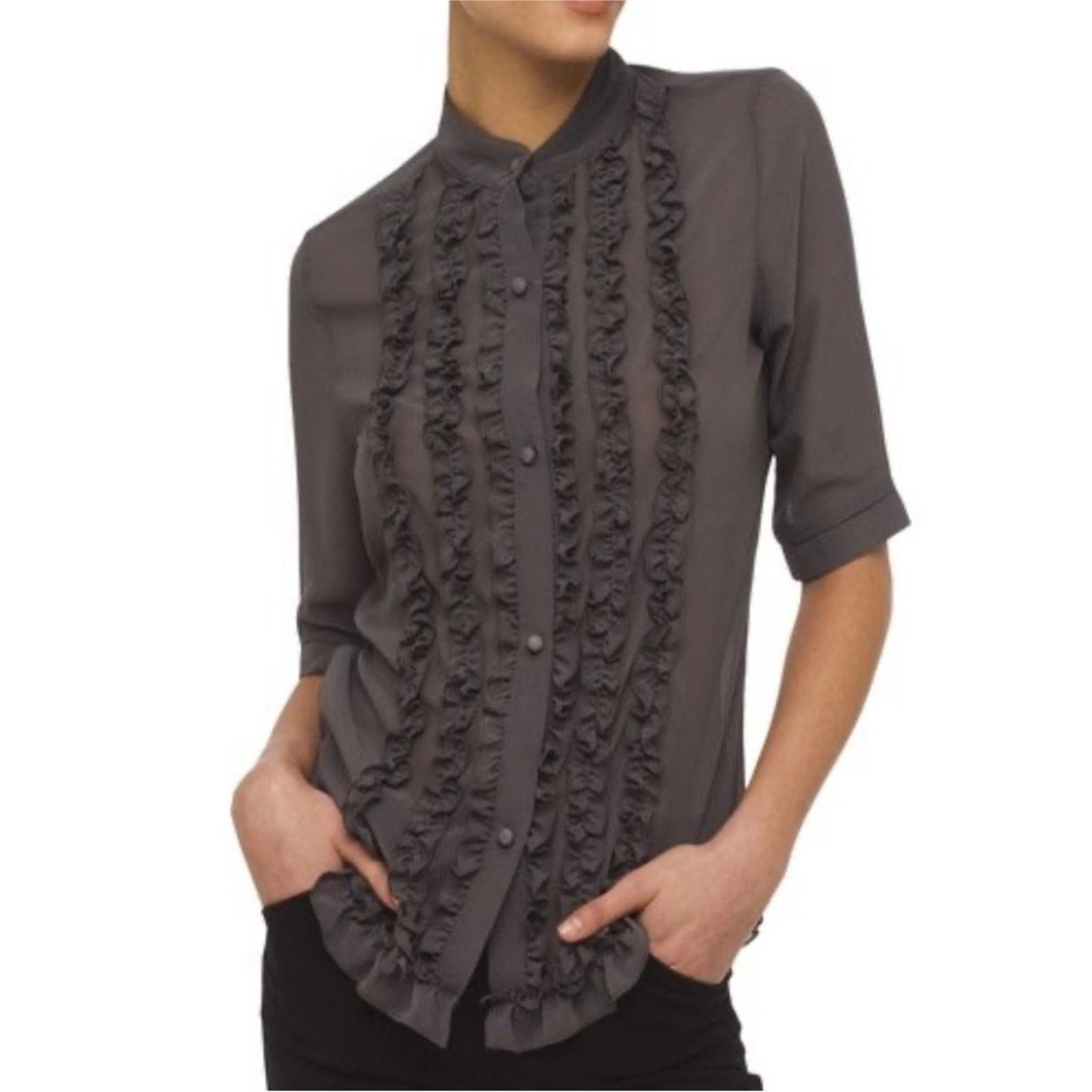 Norma Kamali Norma Kamali Poet Sheer Gray Ruffle Button-Front Top Size XXL / US 16-18 / IT 52-54 - 1 Thumbnail