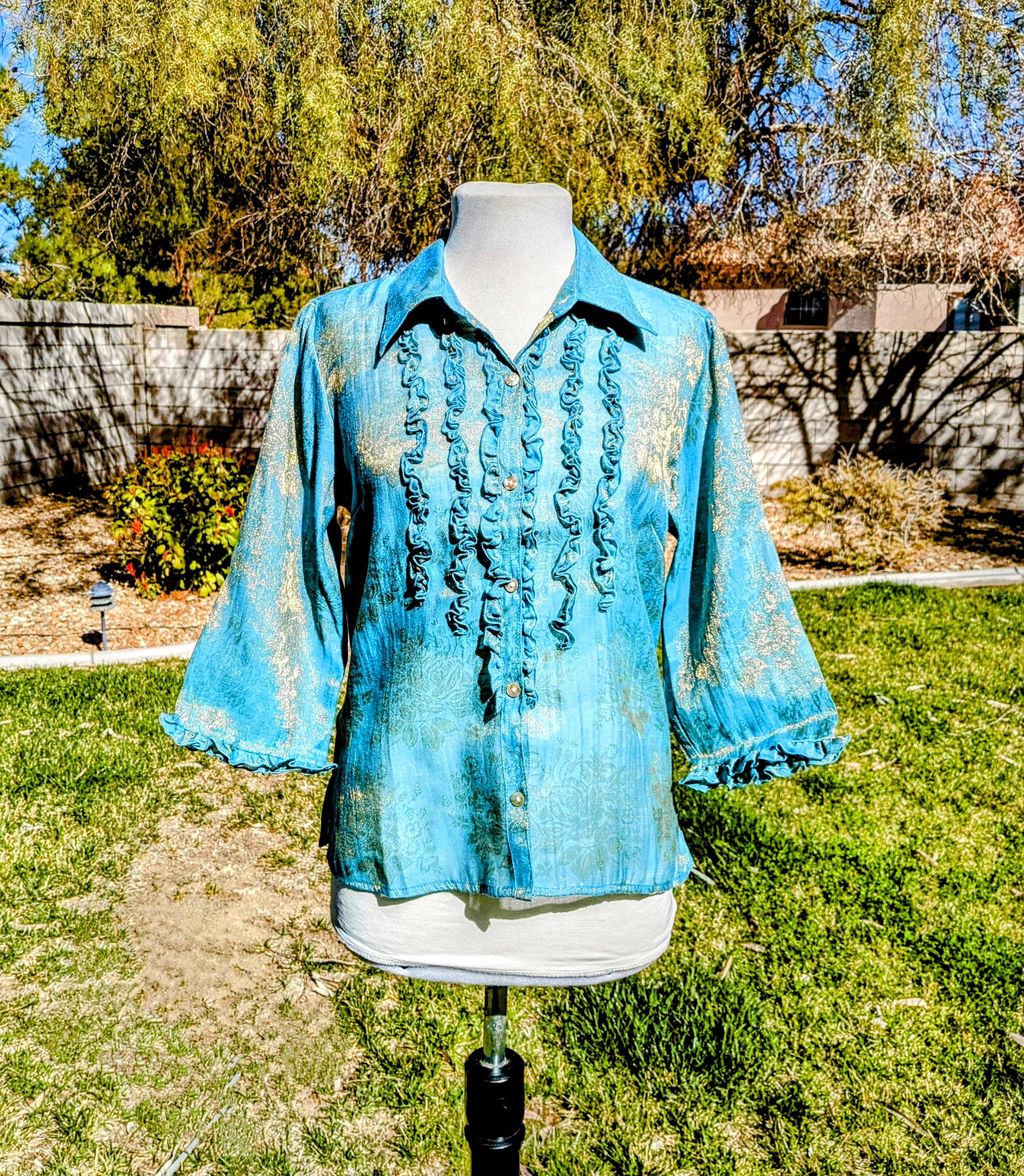 Designer JH Collectibles Light Blue&Gold Petite Sheer L/S Top Blouse Size L / US 10 / IT 46 - 1 Thumbnail