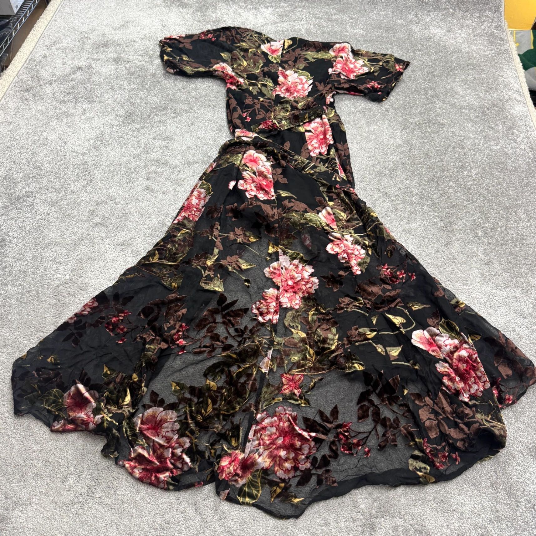 Velvet Hutch Floral Velvet Burnout Maxi Dress Women XS Multicolor V-Neck Tie Lightweight Casual Short Sleeve Party Bohemian Size XS / US 0-2 / IT 36-38 - 2 Thumbnail
