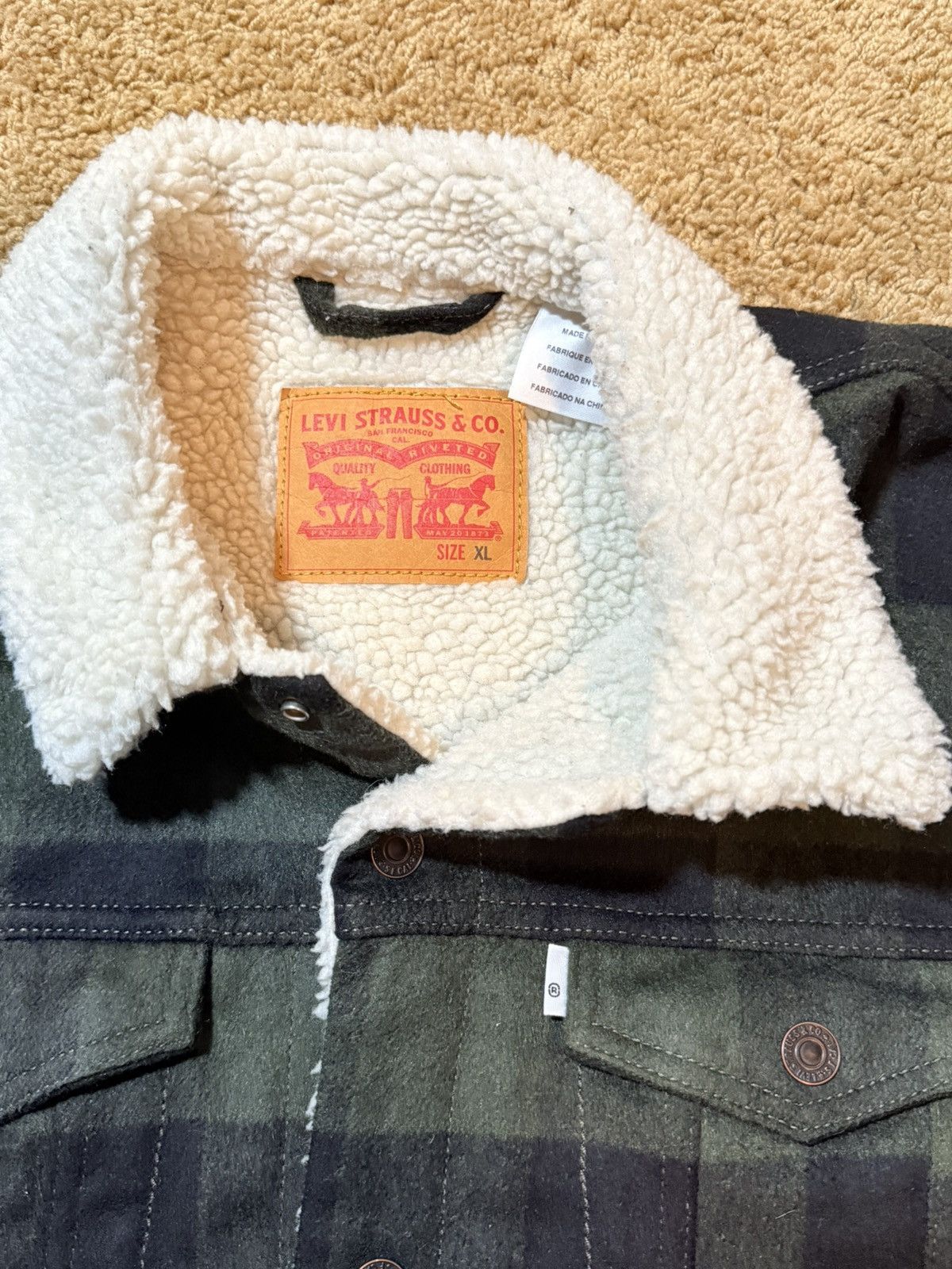 Levi's Levis Jacket Mens XL Green Plaid Sherpa Lined Trucker Cowboy Size US XL / EU 56 / 4 - 3 Thumbnail