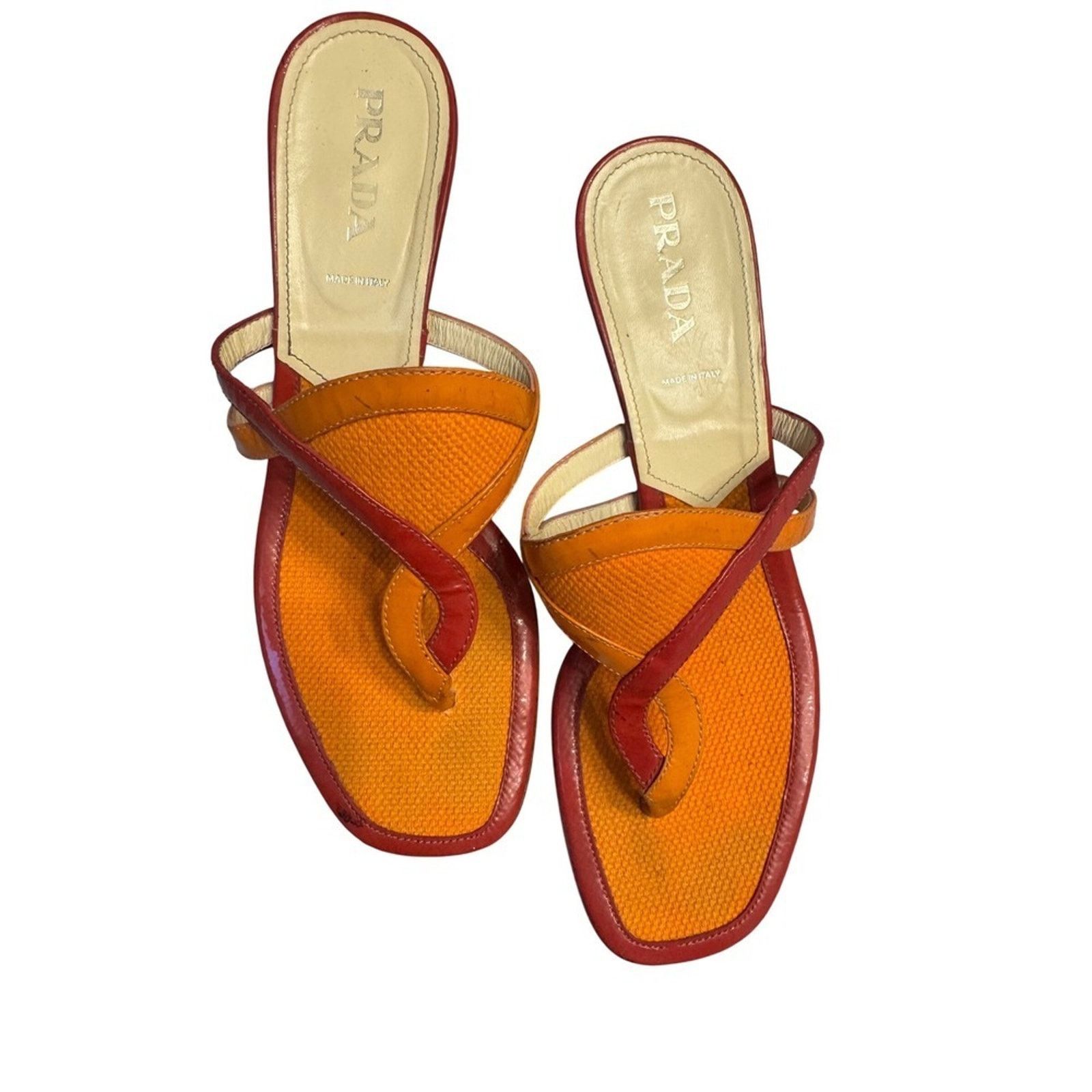 Prada Prada Orange Fabric Leather Thong Heeled Sandals Kitten Heel Size US 9 / IT 39 - 2 Thumbnail