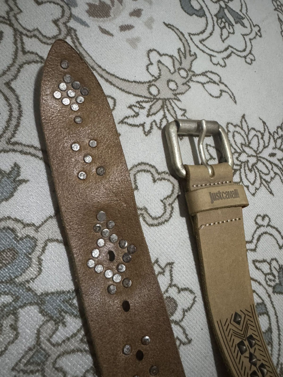 Genuine Leather × Just Cavalli × Roberto Cavalli Studded Embossed Art Just Cavalli Leather Belt Size ONE SIZE - 3 Thumbnail