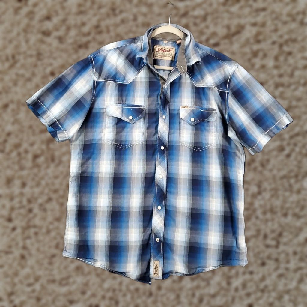 Vintage Rafter C Mens Large Plaid Pearl Snap Shirt - Blue White Western Rodeo Cotton Casual Long Sleeve Shirt Size US L / EU 52-54 / 3 - 1 Thumbnail
