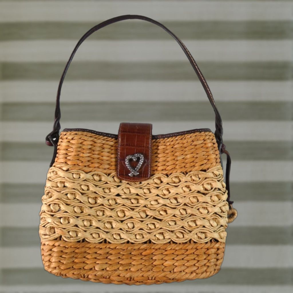 Vintage Brighton Shoulder Bag Womens Medium Brown Croc Woven Raffia Leather Strap