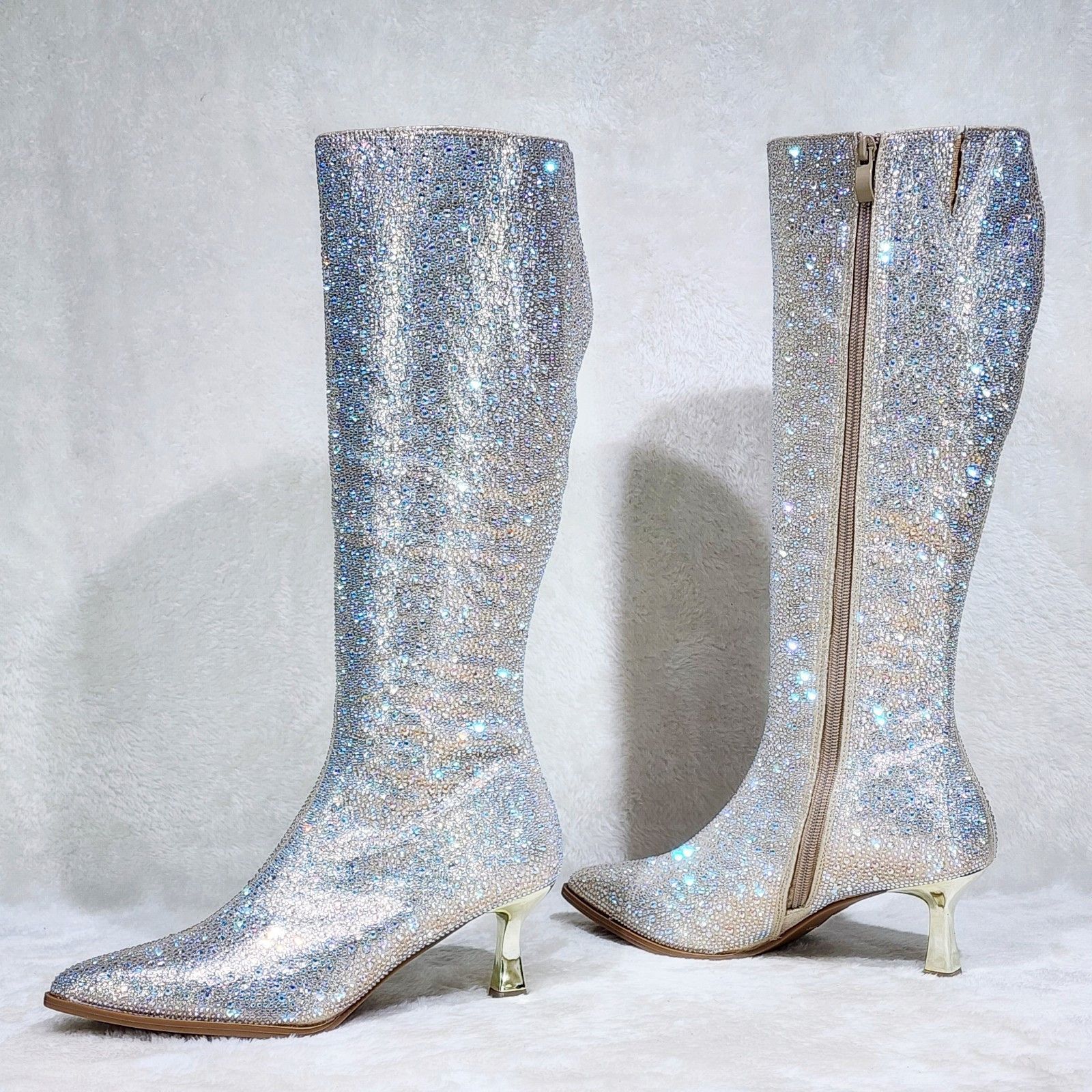 Other Gold Rhinestone Knee Boots 2.5" Kitten Heels Wide Friendly Size US 7.5 / IT 37.5 - 4 Thumbnail