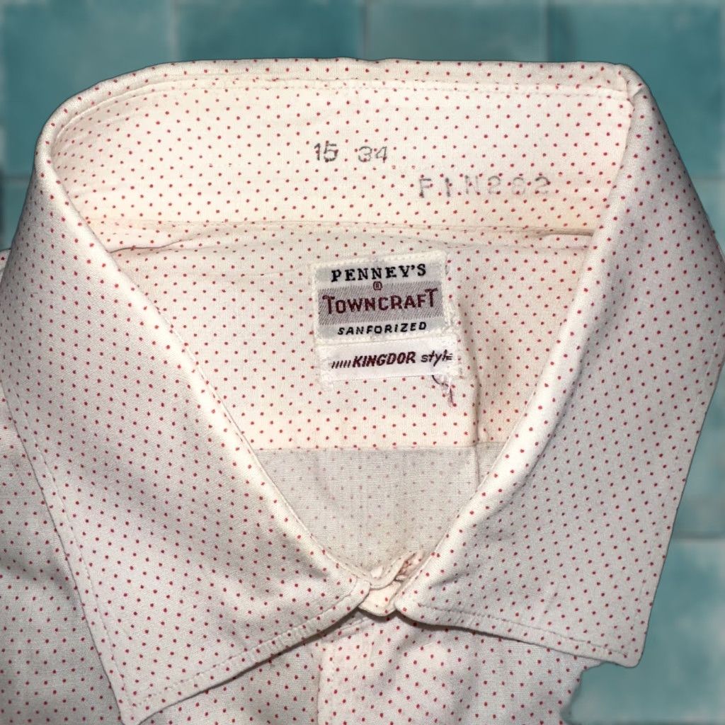 Vintage VINTAGE 1950s Penney's Towncraft Button-Front Dress Shirt Large Blue Polka Dot Mens Size 42R - 1 Thumbnail