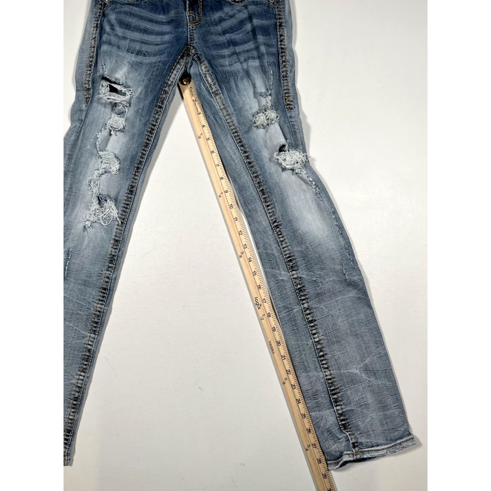 Vintage Rock Revival Jeans Womens 24 Blue Straight Distressed Embellished Flap Pockets Denim Medium Wash 32in Zip Mens? Wait. Size 42" / US 20 - 5 Thumbnail