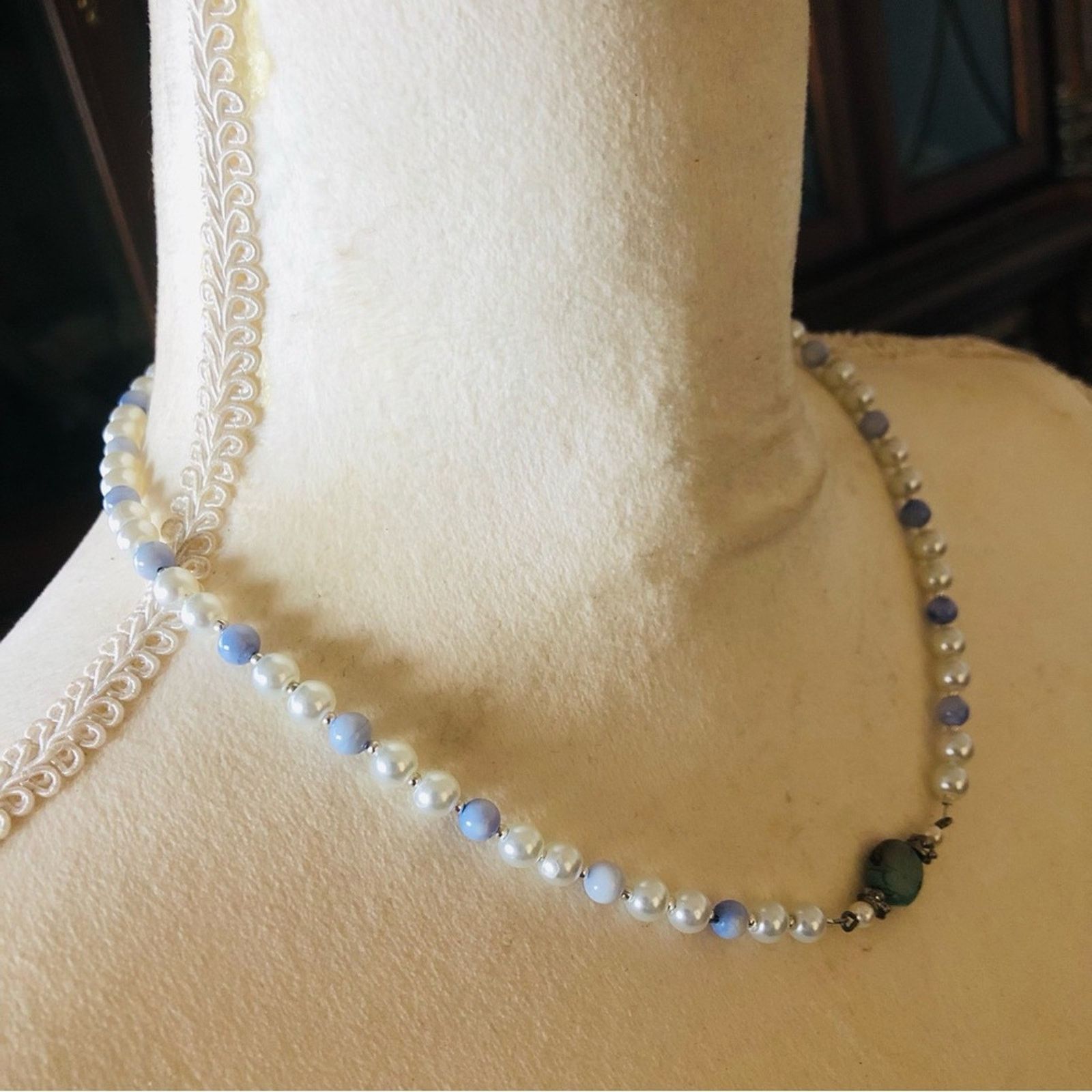 Handmade Handcrafted repurpose African turquoise stone Pearl necklace Size ONE SIZE - 3 Thumbnail