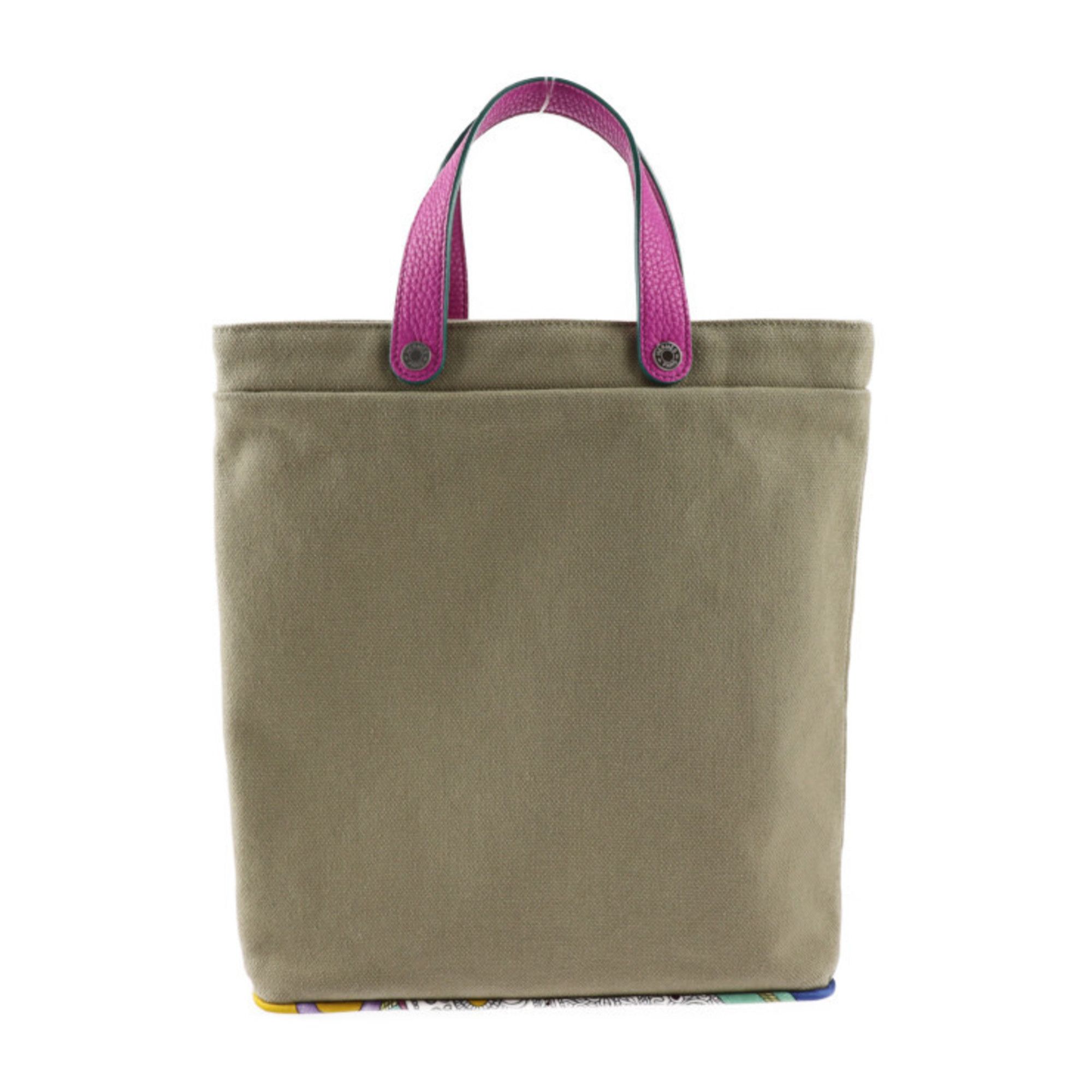 image of Hermes Petit H Ash Tote Bag Cotton Canvas Leather Silk Khaki Pink Purple Handbag, Women's