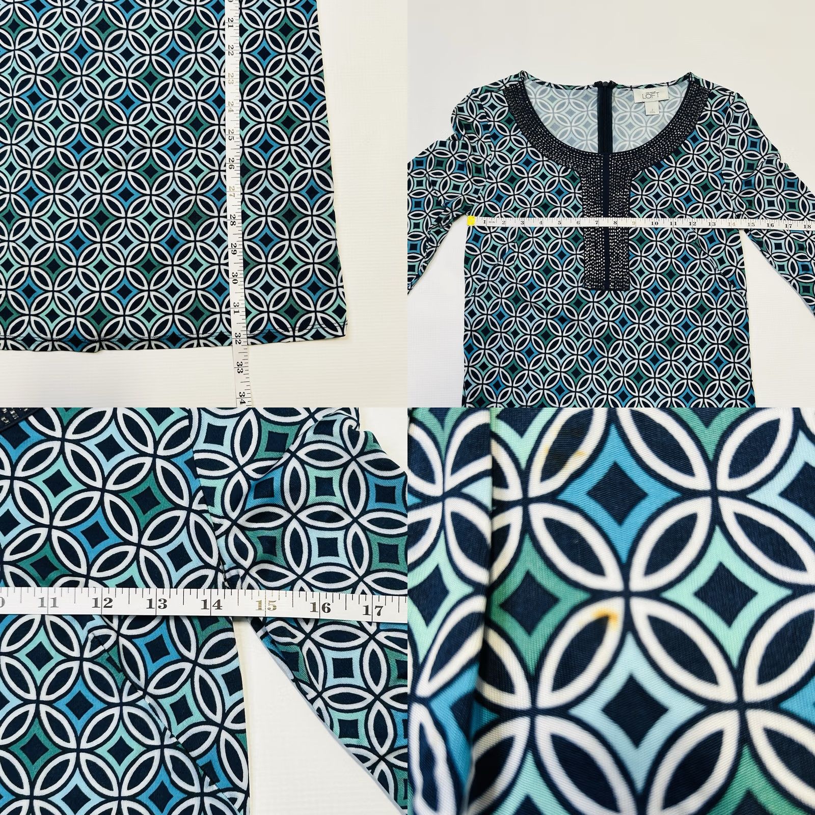 Loft LOFT Geometric Blue Sheath Dress Womens Size 2 Beaded Neckline 3/4 Sleeve Short Dress Lightweight Rayon Vintage No Size XS / US 0-2 / IT 36-38 - 8 Thumbnail