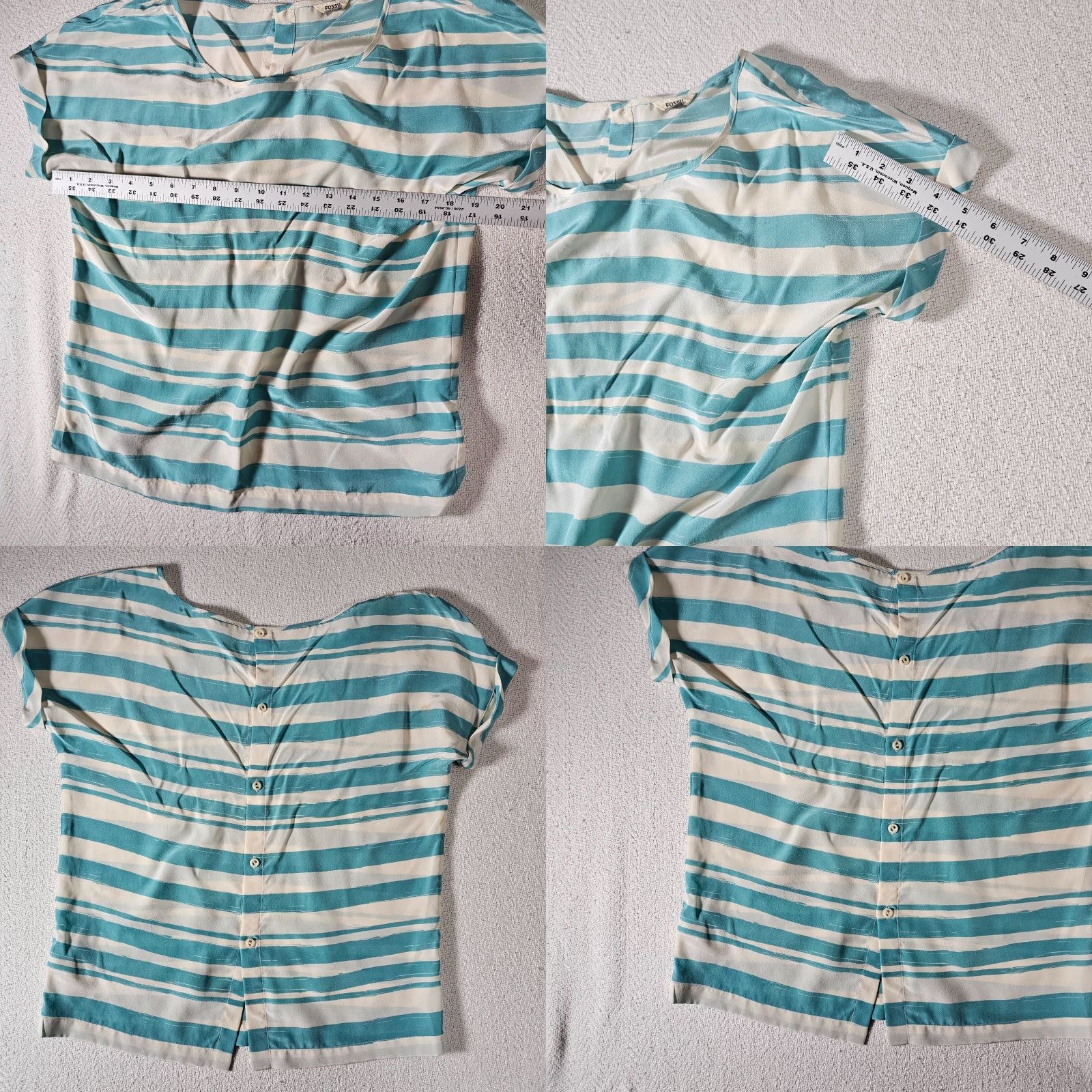 Fossil FOSSIL Silk Cap Sleeve Blouse Top Women Small White Teal Stripe Geometric Classic Size S / US 4 / IT 40 - 8 Thumbnail
