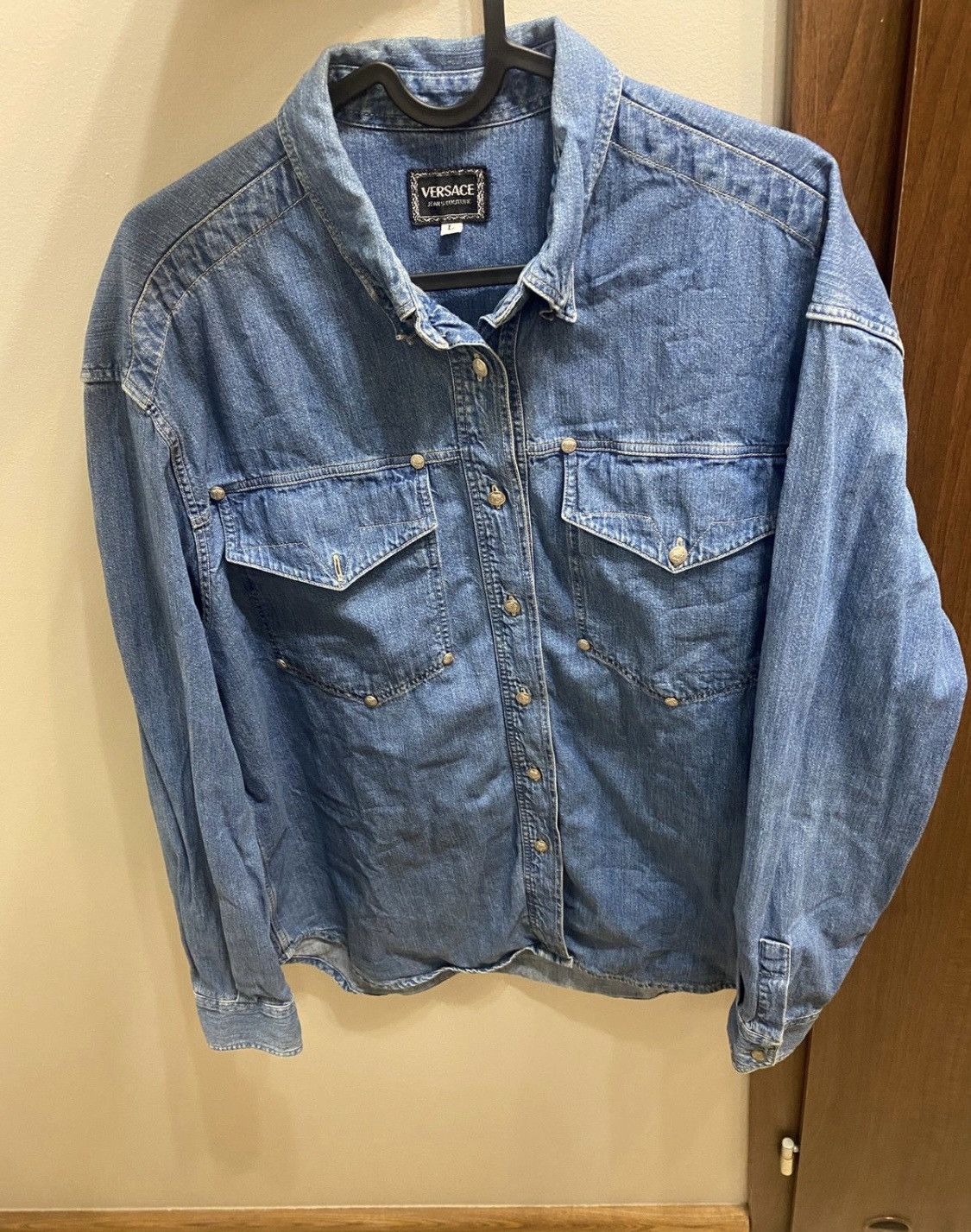 image of Vintage Luxury Versace Mini Logo On Pins Shirt Button Up in Blue, Men's (Size Large)