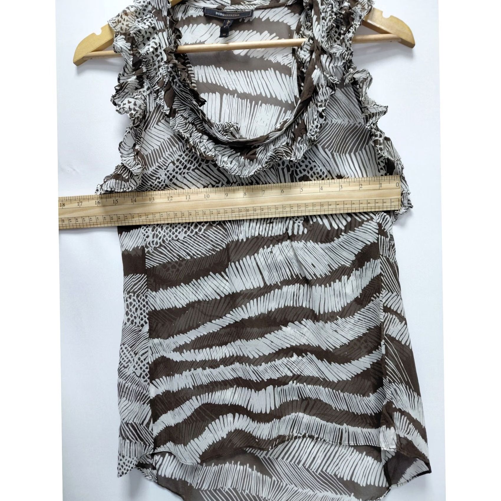 Bcbgmaxazria BCBGMAXAZRIA Blouse Sleeveless Abstract Animal Print Ruffle Trim Taupe XS Womens Top | High-Low Hem Semi-Sheer Lightweight Camisole Shirt Size XS / US 0-2 / IT 36-38 - 5 Thumbnail