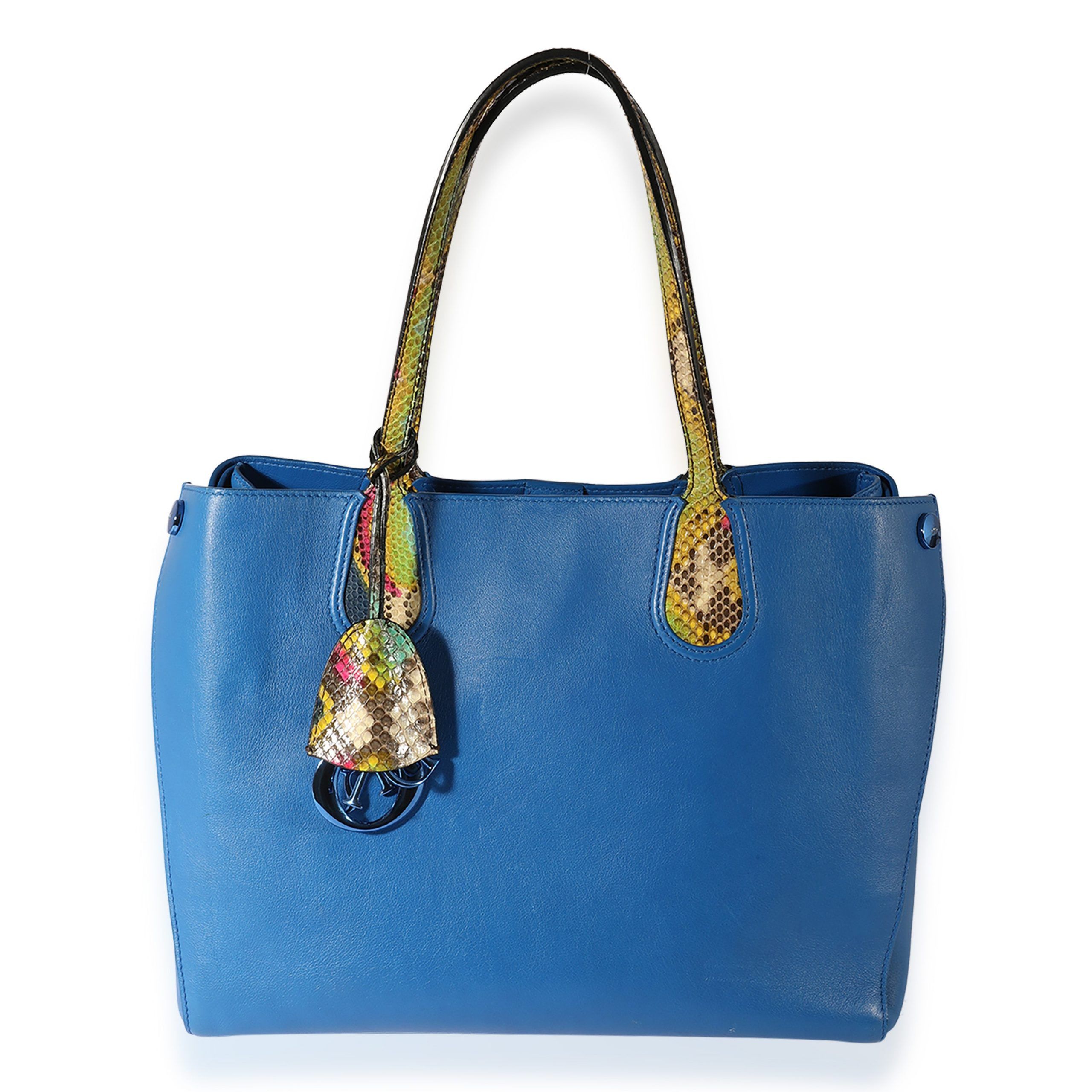 image of Dior Blue Leather Multicolor Python Trim Addict Tote, Women's