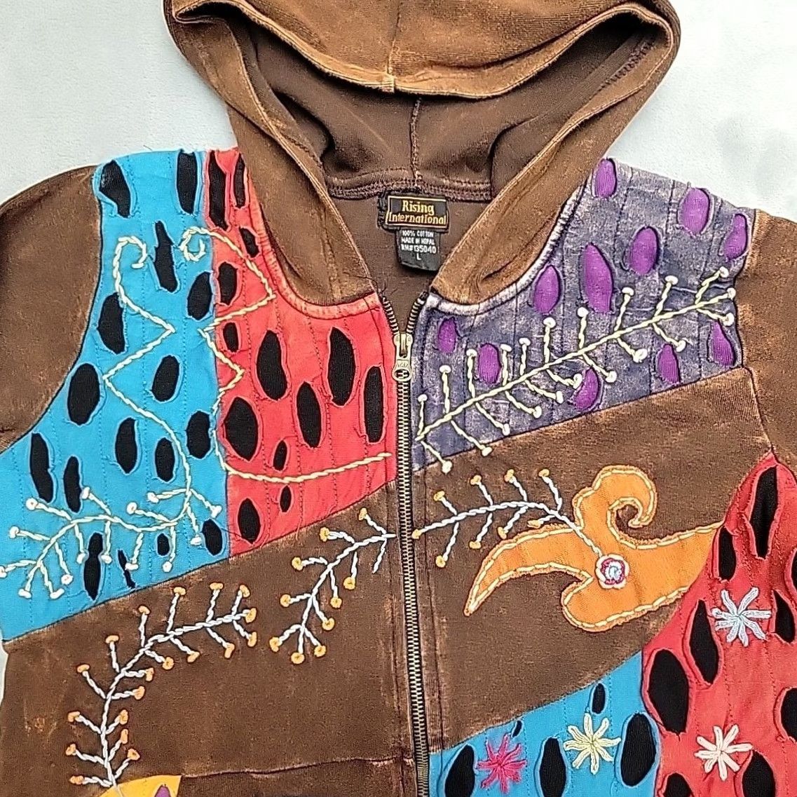 Vintage Rising International Hoodie Women Large Brown Full Zip Patchwork Boho Hippie Size L / US 10 / IT 46 - 3 Thumbnail