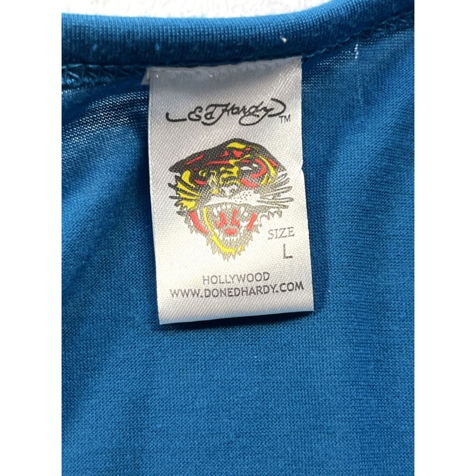 Ed Hardy Ed Hardy Blue Tattoo Dagger Dragon Passion Love V-Neck Tunic Dress L Womens Short Sleeve Tattoo Graphic 2000s Y2K Chrome Rhinestone Logo Vintage No Size L / US 10 / IT 46 - 7 Thumbnail