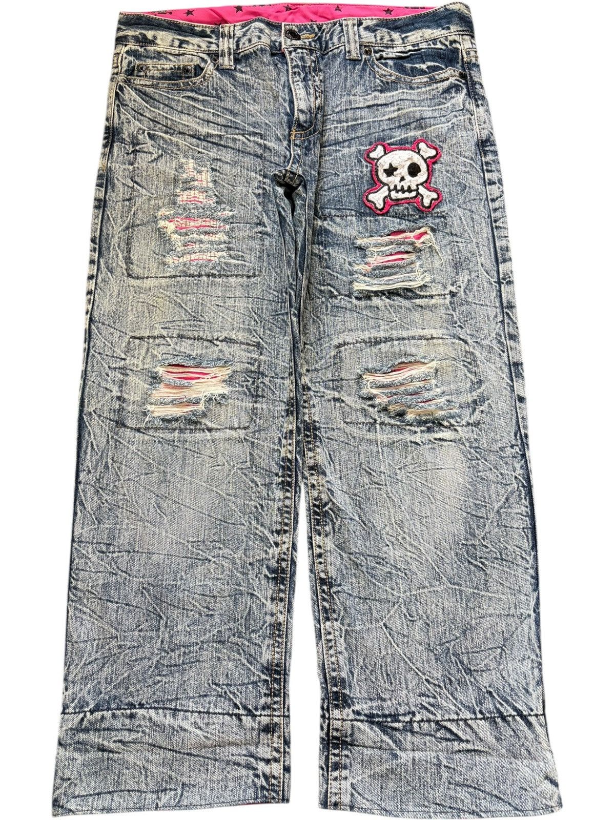 Fubu Vintage Japanese Brand Crack Wash Distress Loose Jeans Size 35" - 1 Thumbnail