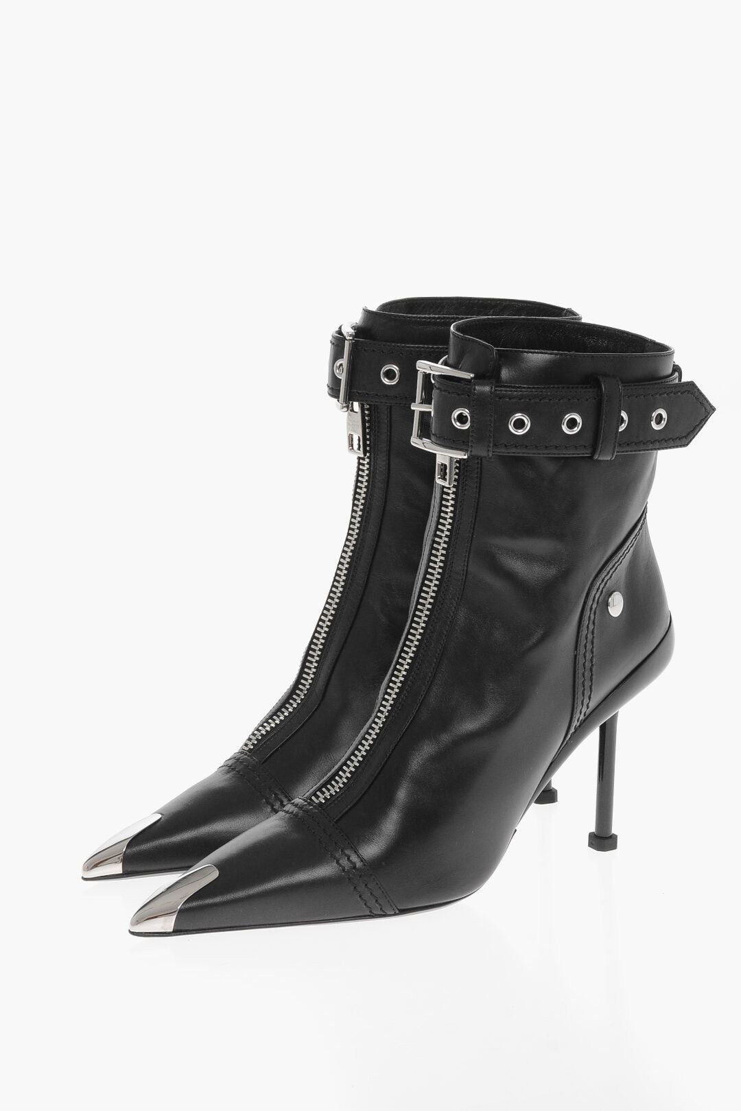 Leather Ankle Boots with Front Zip and 10cm Stiletto Heel