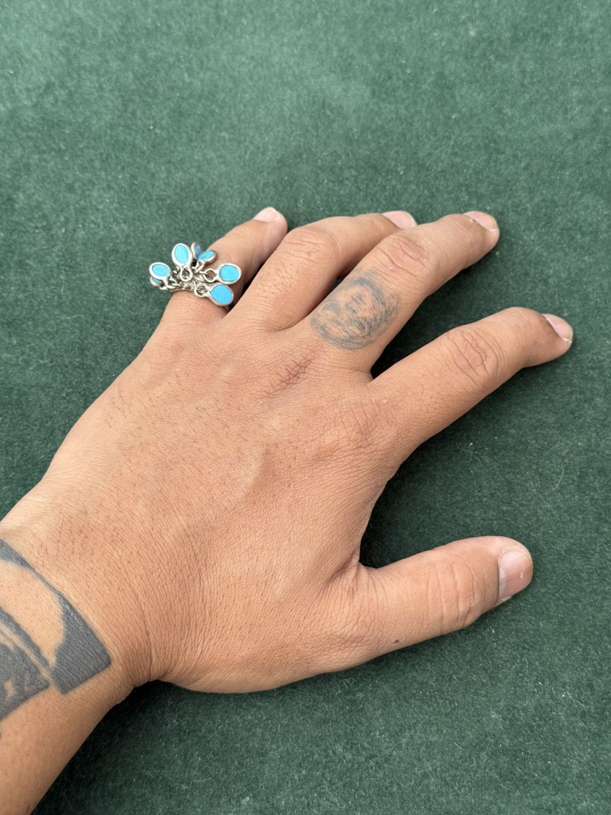 Sterling Silver Vintage Turquoise Dangle Sterling Silver Ring Size ONE SIZE - 7 Thumbnail
