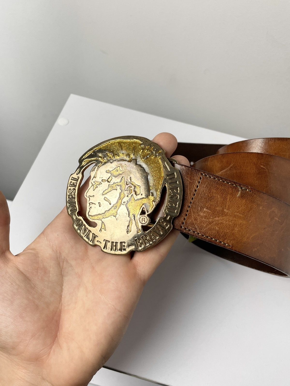 Diesel × Vintage VINTAGE Diesel Gold Punk big buckle Leather Belt Italy made Size 36 - 3 Thumbnail