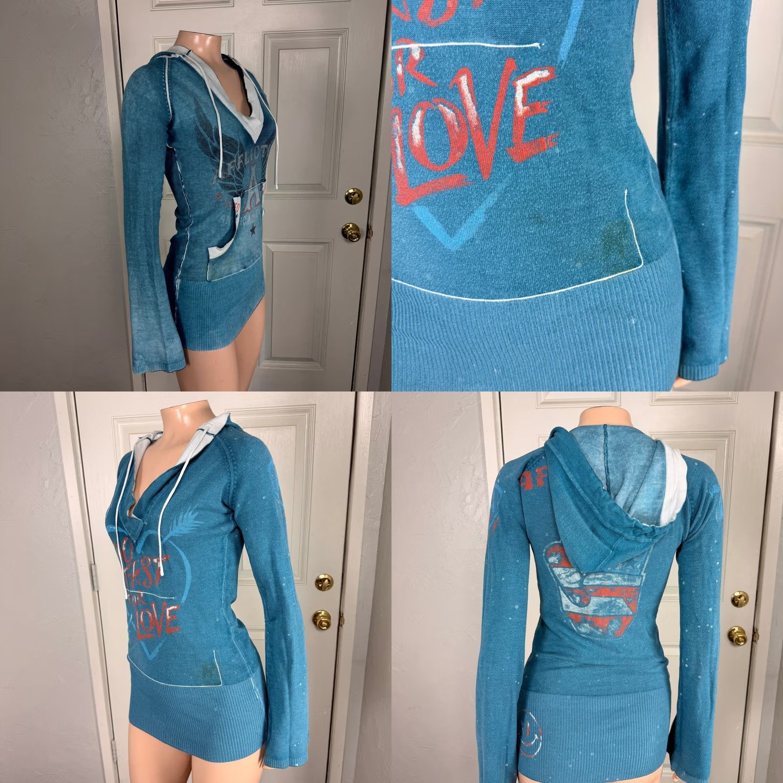 Affliction VINTAGE Affliction Womens Top S Cotton Knit Reversible Hoodie Hooded Bell Sleeve Y2K Blue White Logo Casual Size S / US 4 / IT 40 - 8 Thumbnail