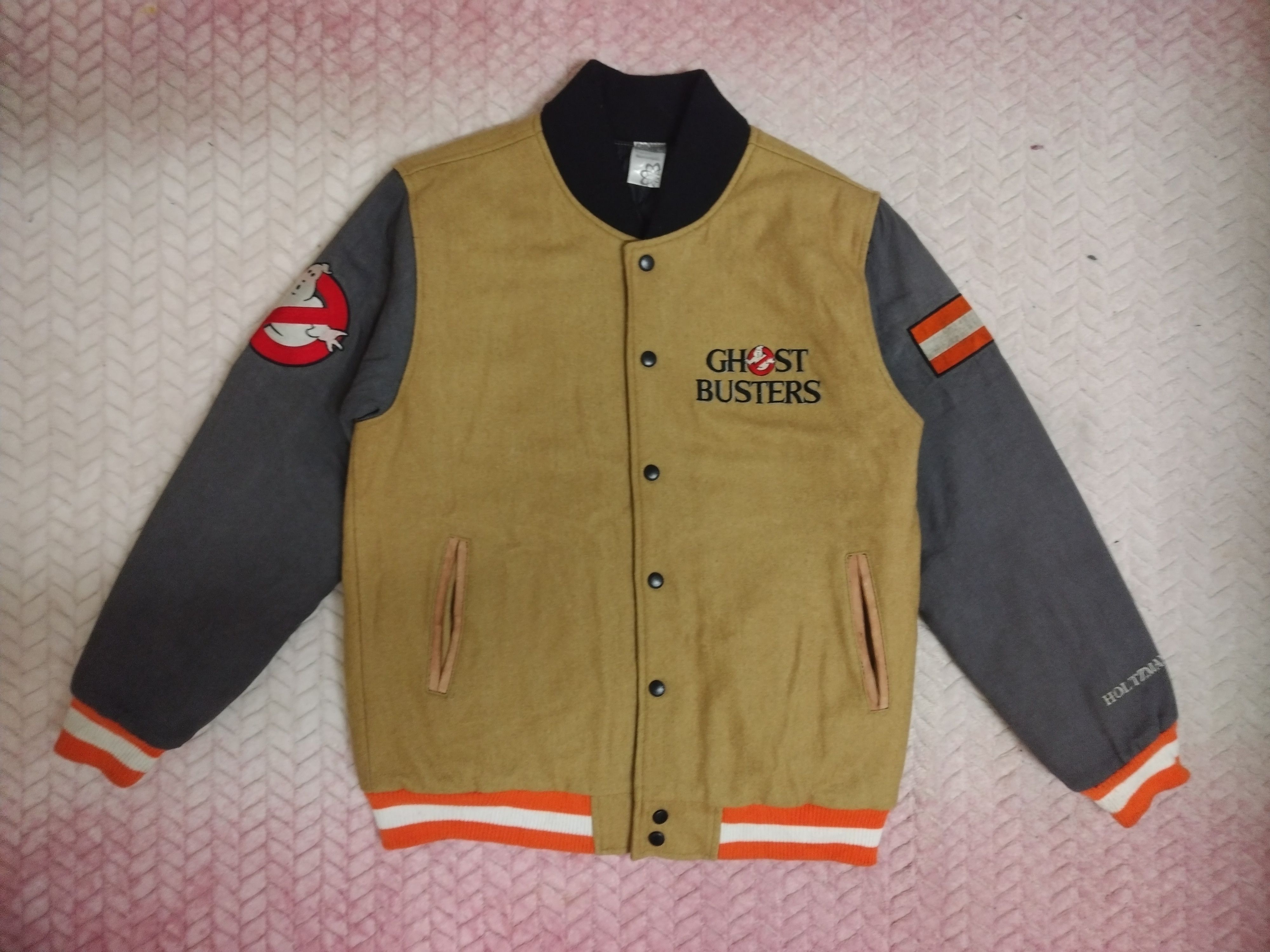 image of Retro Ghostbusters Movie Promo Varsity Stadium Jacket in Light Brown, Men's (Size Large)