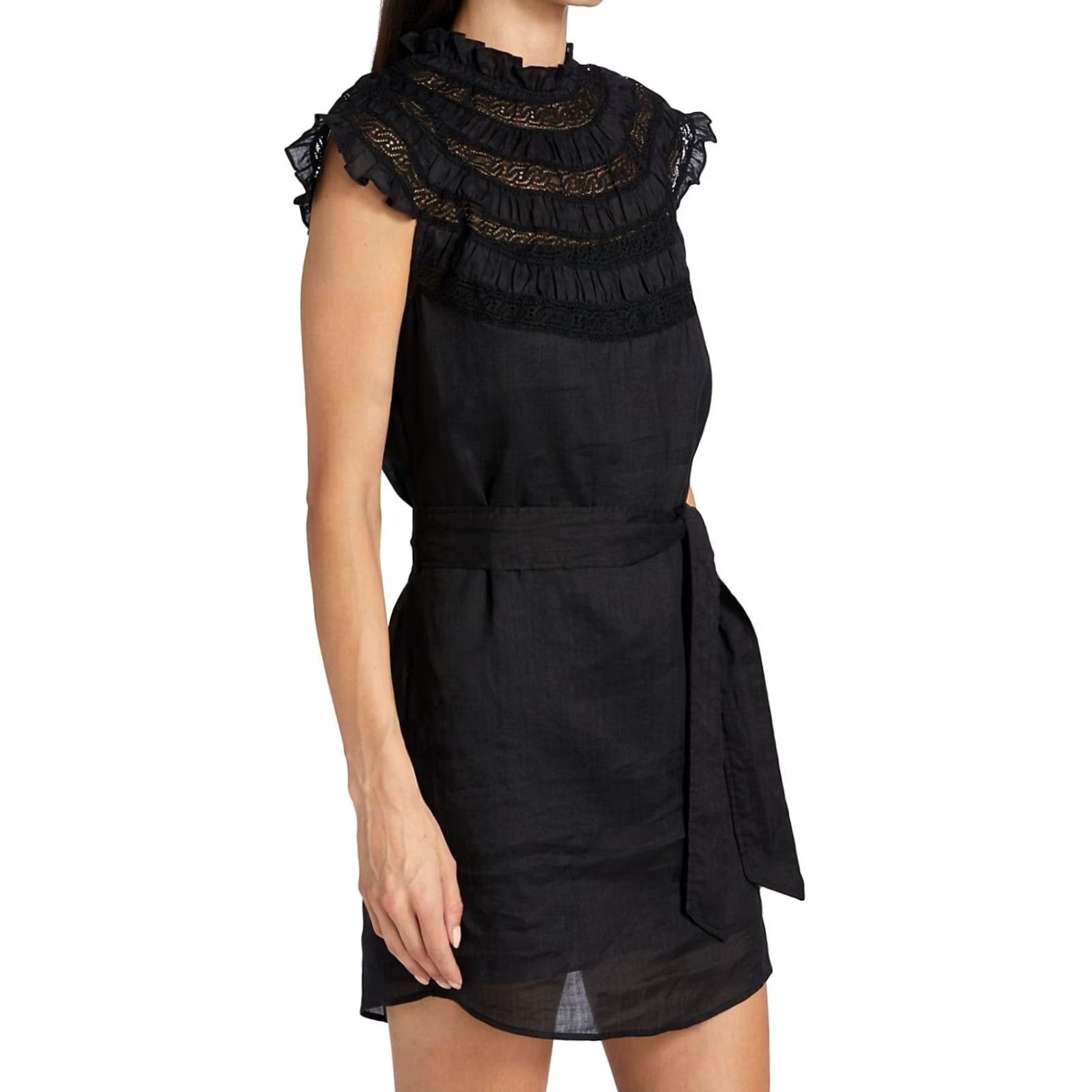 Frame FRAME Black Lace Inset High Mock Neck Ruffe Cap Sleeve 100% Ramie Mini Dress Womens M New with Tags NWT Size M / US 6-8 / IT 42-44 - 4 Thumbnail