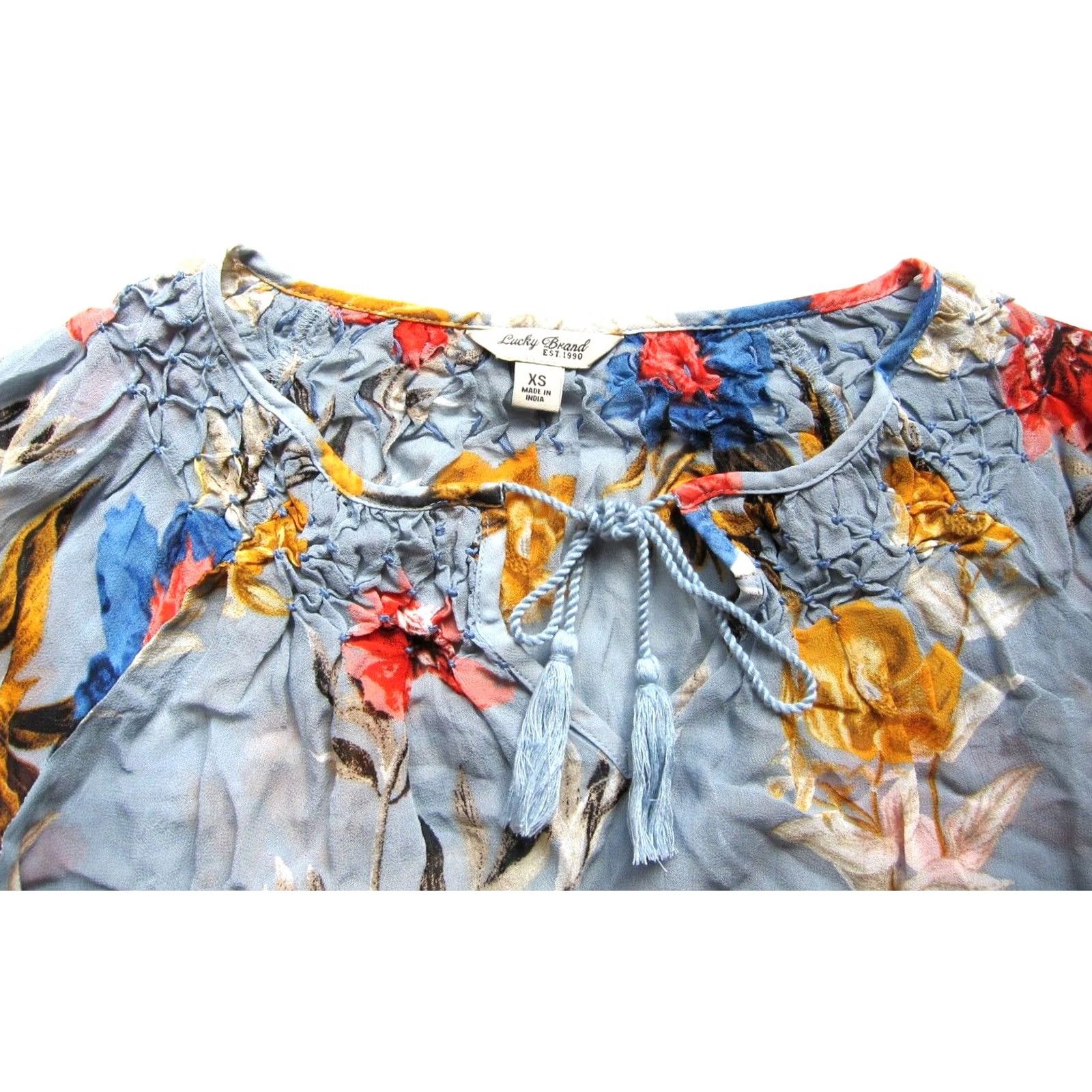 Lucky Brand Lucky Brand Blue Yellow Pink Floral Sheer V-Neck Long Sleeve Peasant Blouse XS Women Size XS / US 0-2 / IT 36-38 - 4 Thumbnail