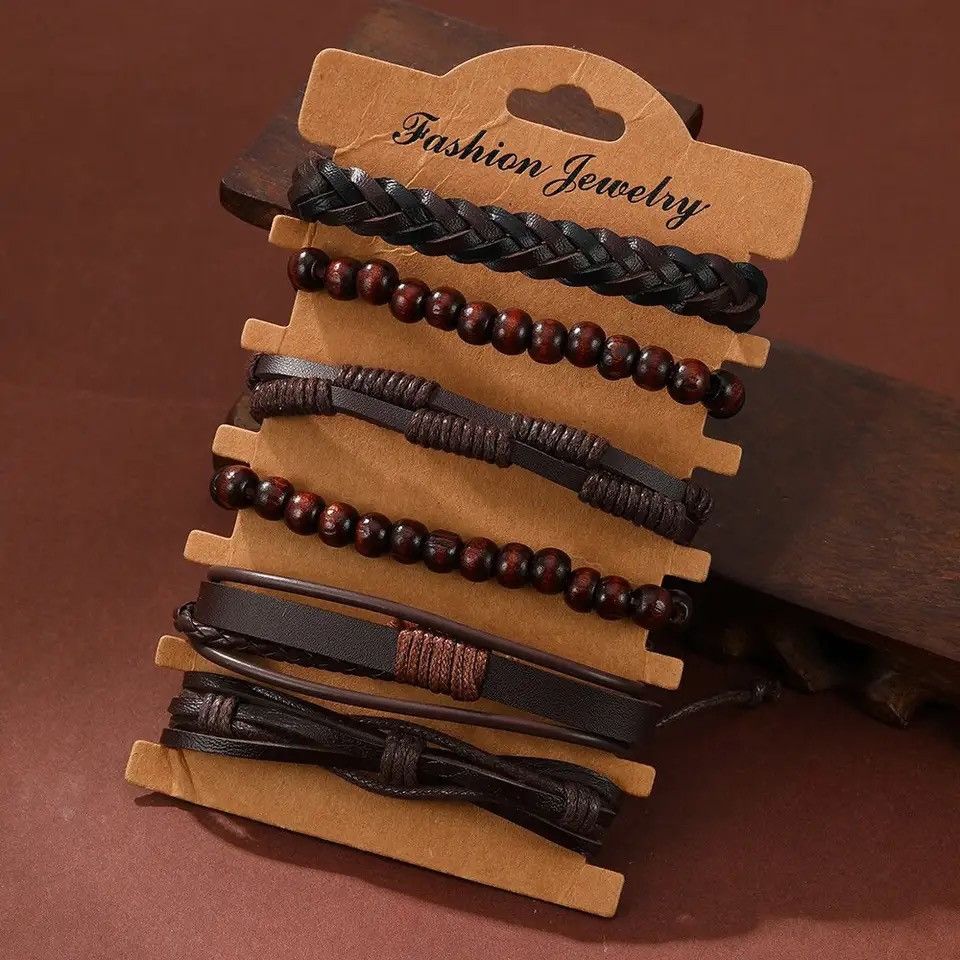 Other 6PCS Set Men's Vintage Braided Cowhide Bracelet Multi-layer Size ONE SIZE - 1 Thumbnail