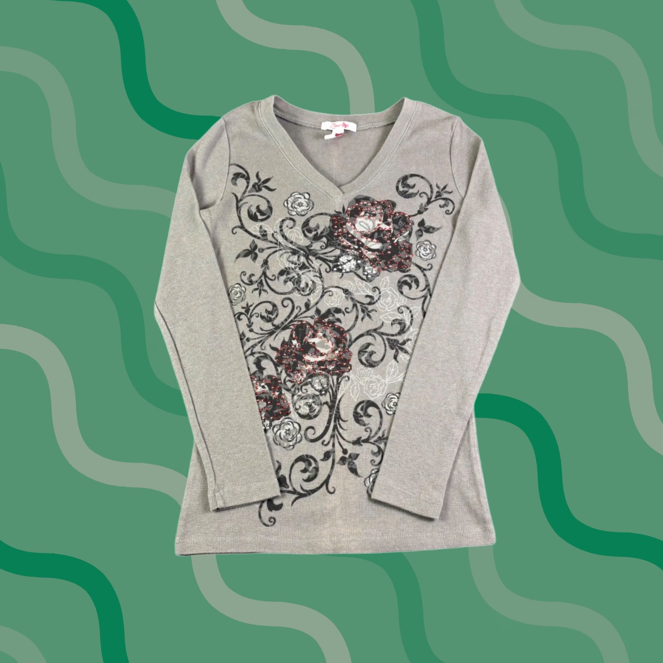 Vintage Zena T-Shirt Long Sleeve Thermal Shirt Floral Rose Rhinestone Glitter Sequin Gray Size M Womens Vintage? No Size M / US 6-8 / IT 42-44 - 1 Thumbnail