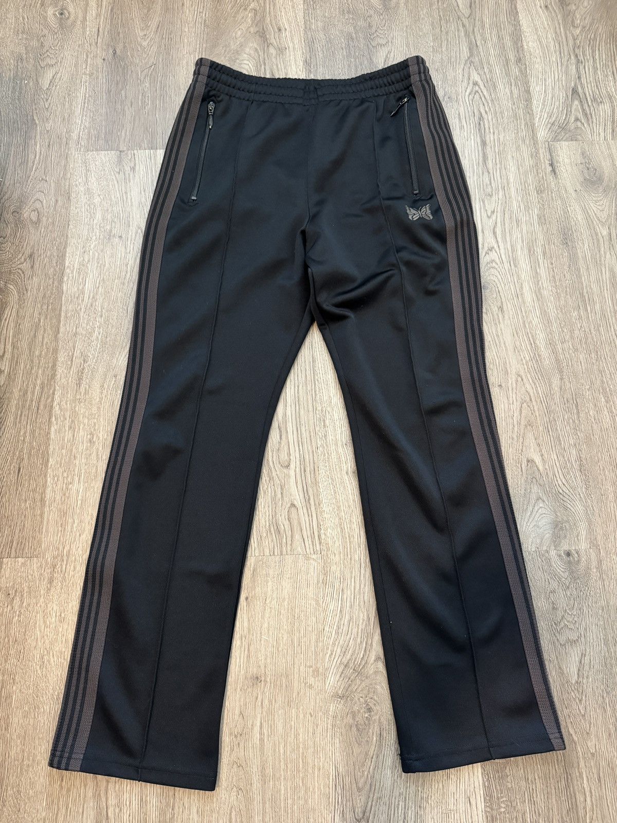Needles Needles Japan Poly Black/Charcoal + Silver Track pants sz