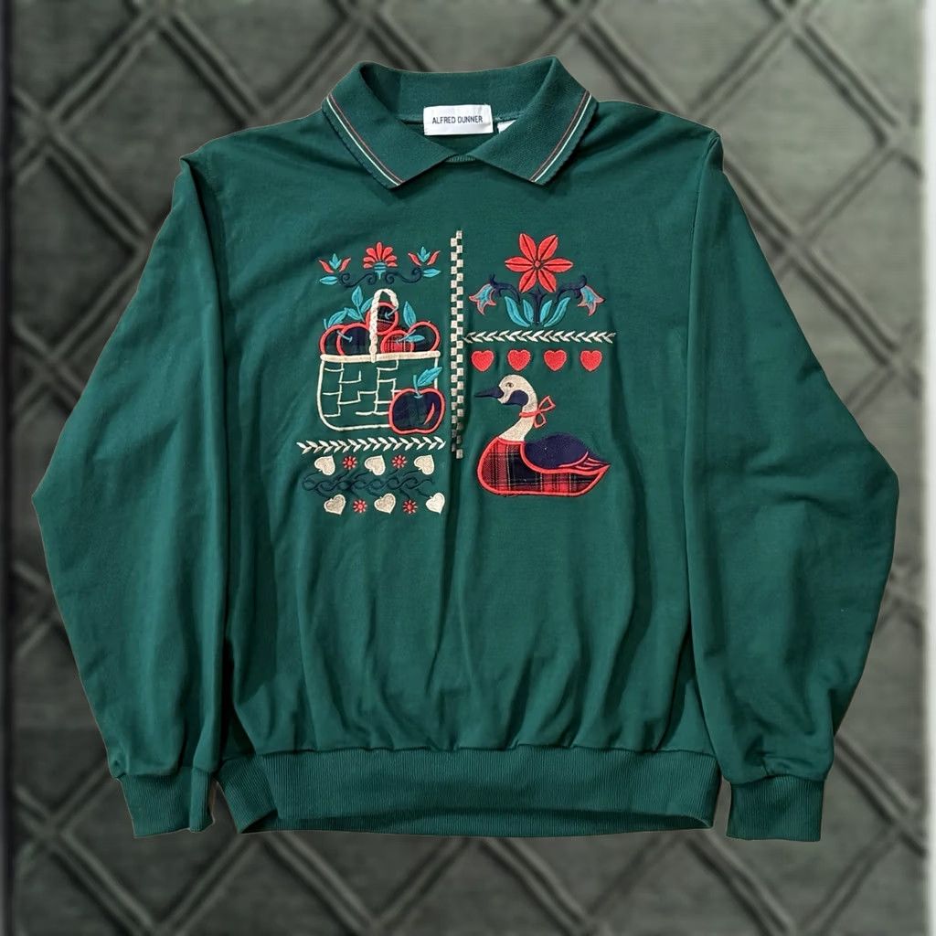 Vintage VINTAGE Alfred Dunner Embroidered Sweatshirt Medium Cottagecore Grandma Sweatshirt Pullover Long Sleeve Green 80s 90s Bird Flower USA Womens Size M / US 6-8 / IT 42-44 - 1 Thumbnail
