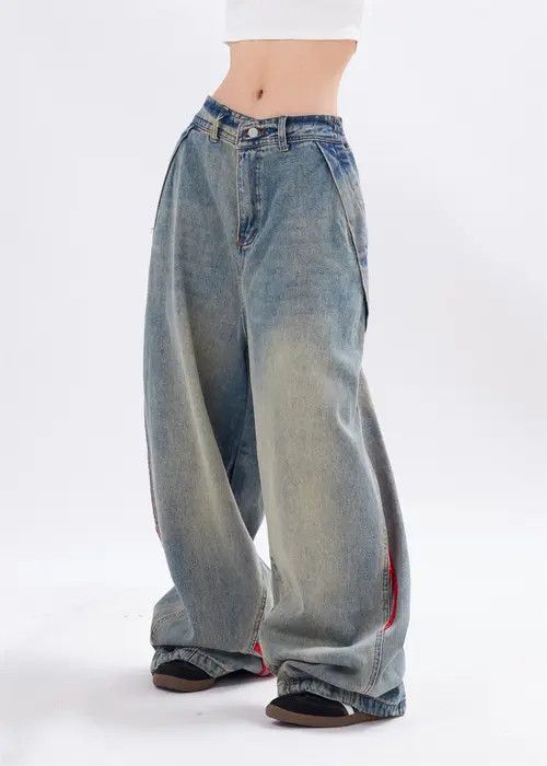Japanese Brand × Jean Punk distressed washed webbing striped loose wide-leg jeans Size US 34 / EU 50 - 2 Thumbnail
