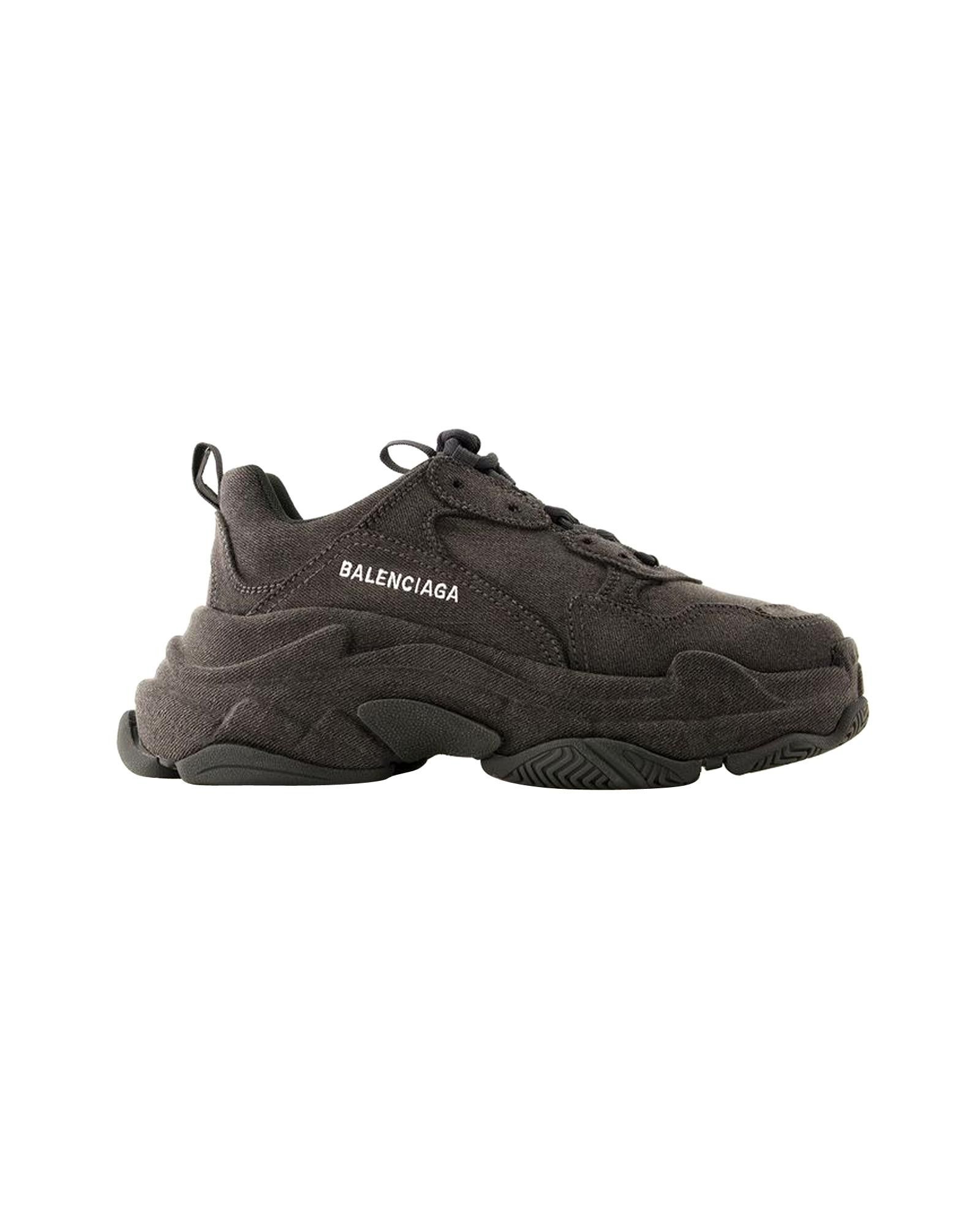 image of Balenciaga Denim Triple S Sneakers With Rubber Sole in Black, Women's (Size 8)